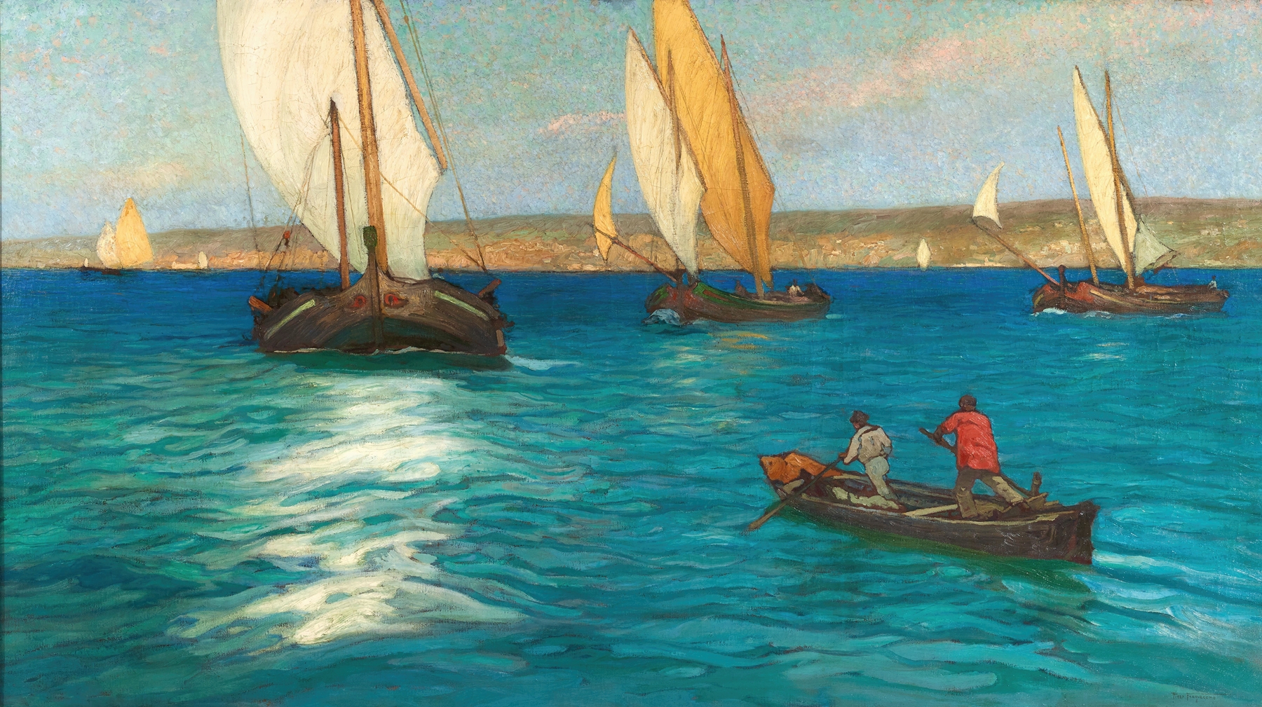 Seascape by Pietro Fragiacomo, oil painting depicting gentle waves and a tranquil coastline.