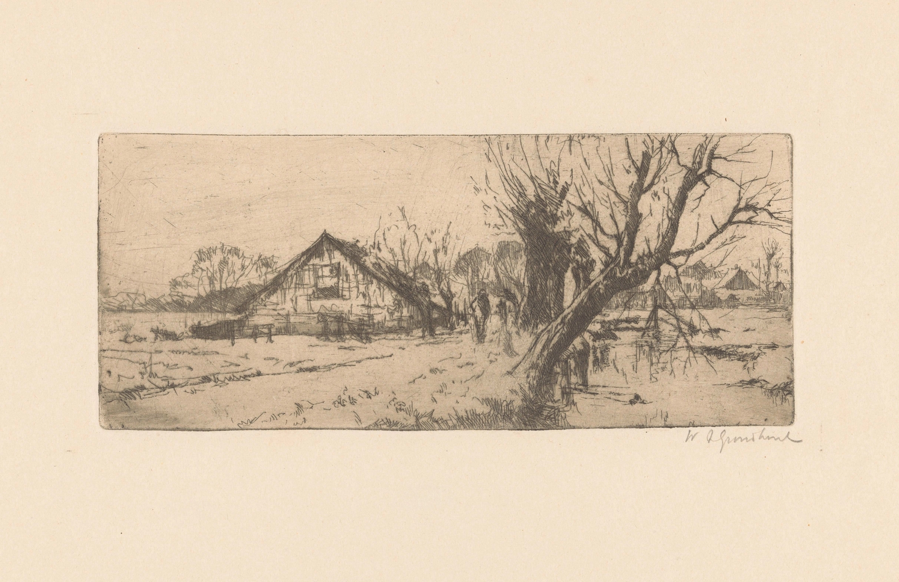 Landscape oil painting by Willem Adrianus Grondhout featuring a farmhouse and lush fields