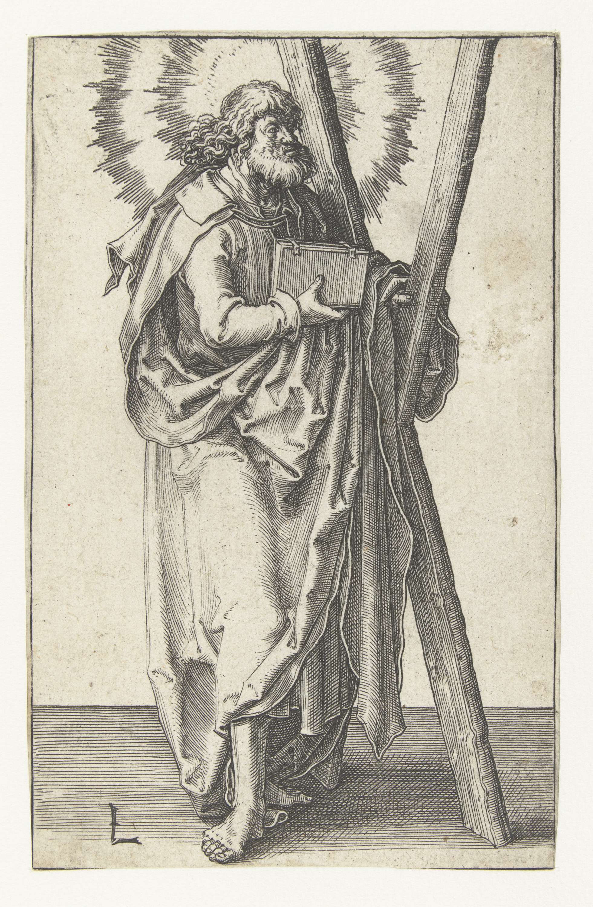 Engraving of apostle Andreas by Lucas van Leyden, featuring serene expression and soft light.