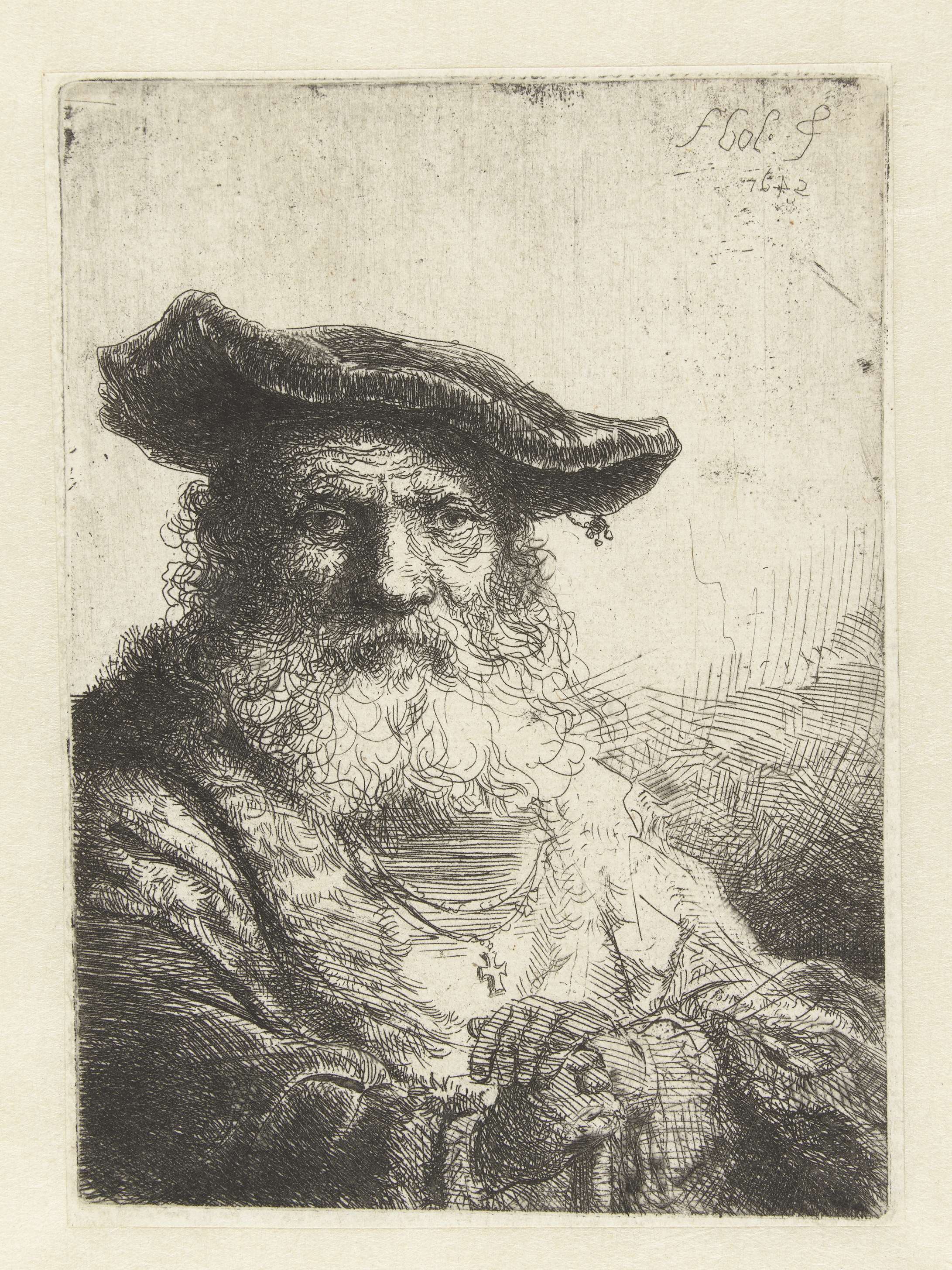 Oude man met baard en fluwelen baret, by Ferdinand Bol, public domain