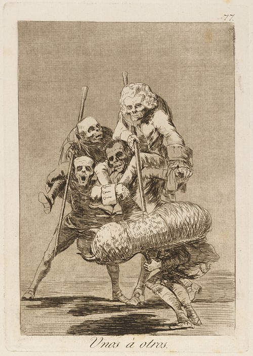 Francisco de Goya's painting 'Unos á otros' explores the theme of human conflict.