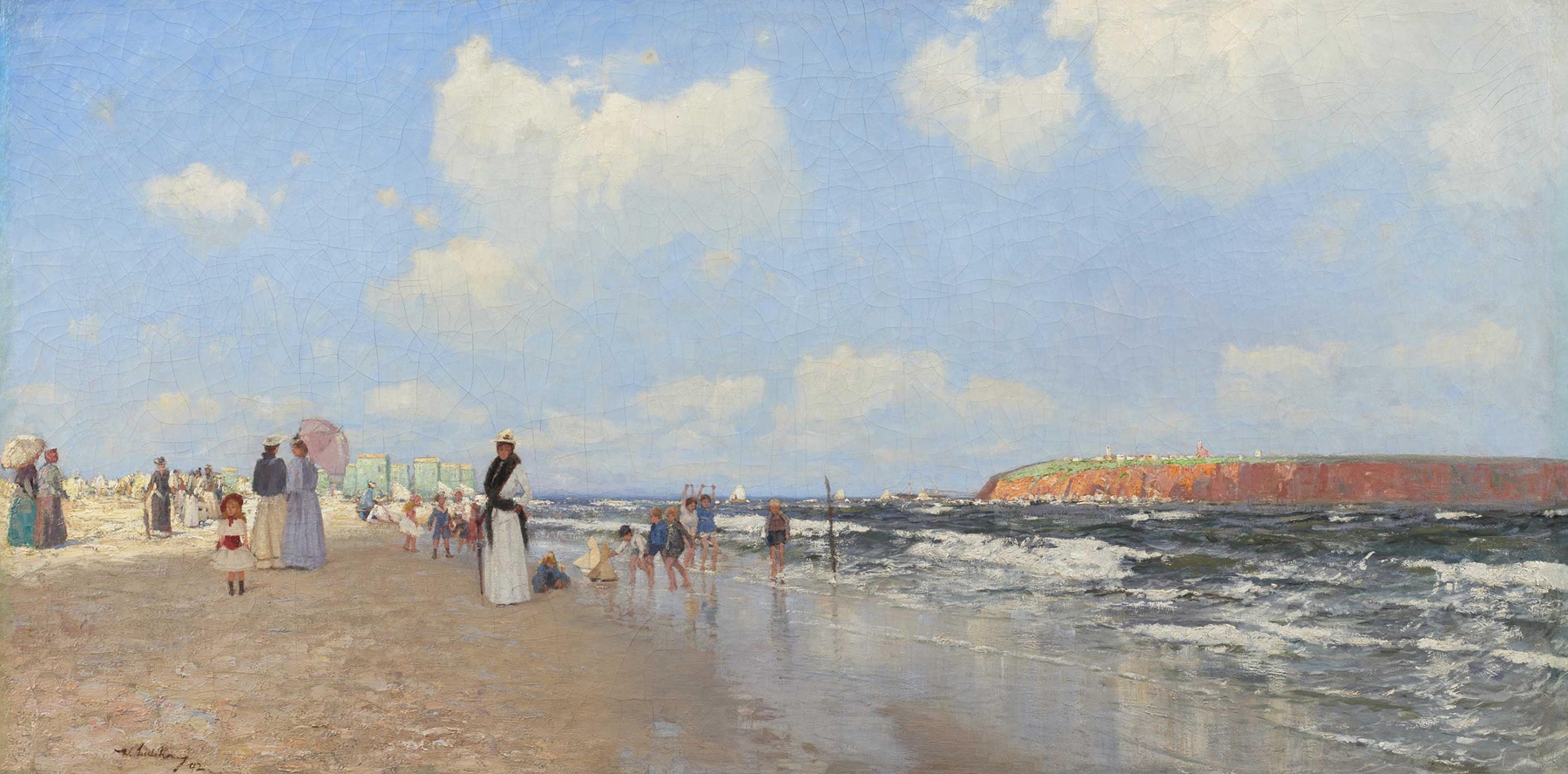 Marine scene with shoreline and surf, pastel colors by Walter Leistikow