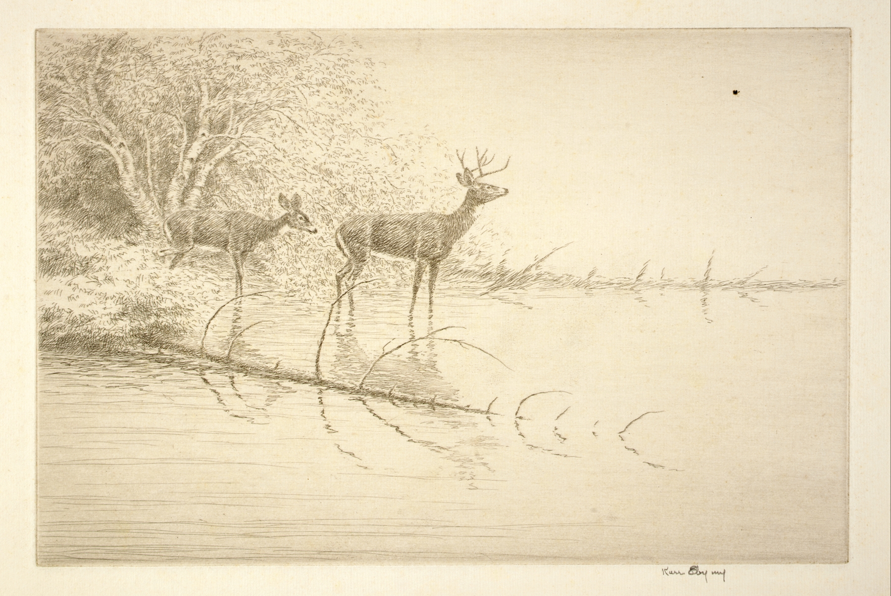 Realism artwork by Kerr Eby depicting deer in morning mist, 1929
