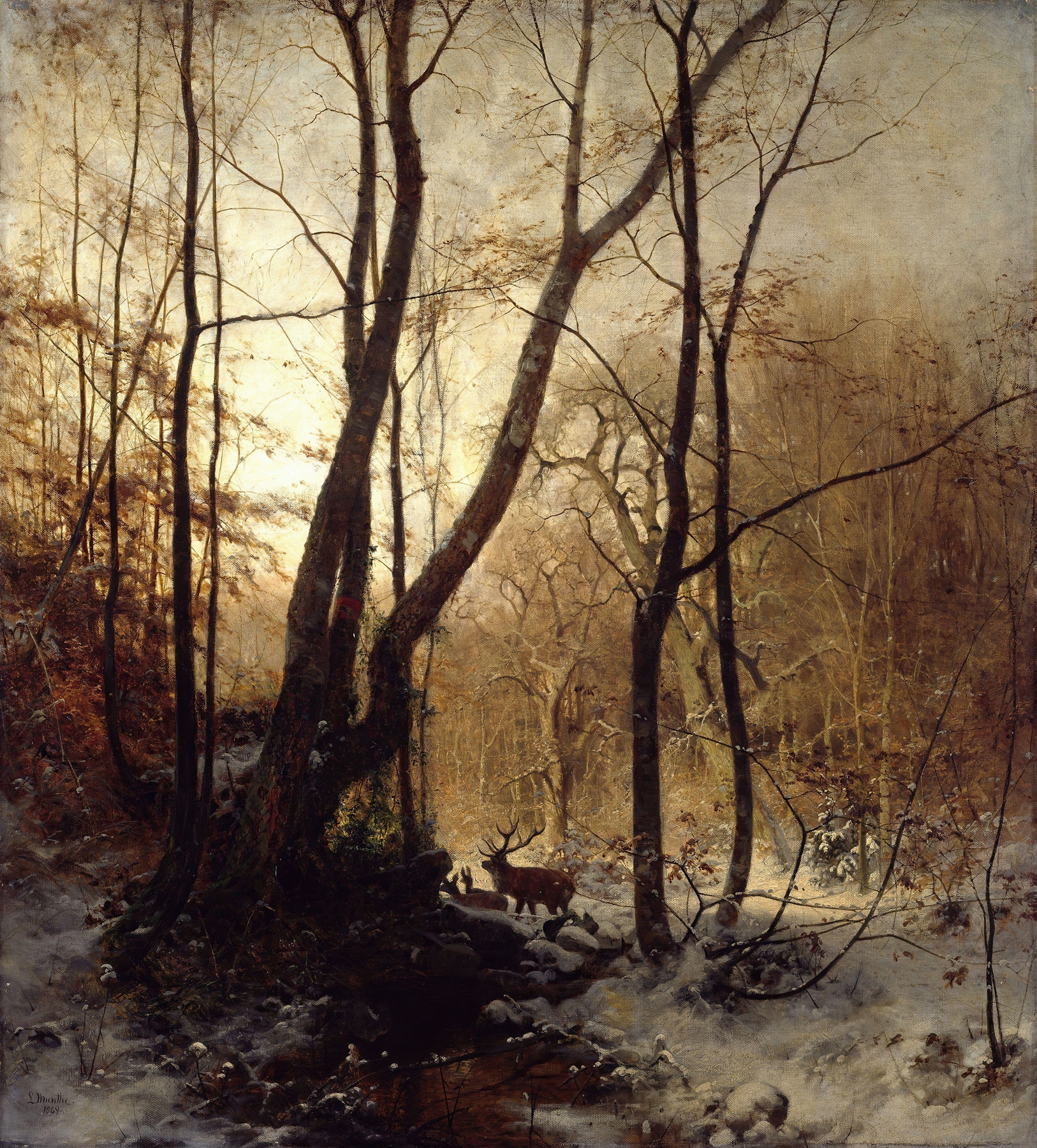 Winter in Germany by Ludvig Munthe, oil painting depicting a snowy landscape with hints of early spring.