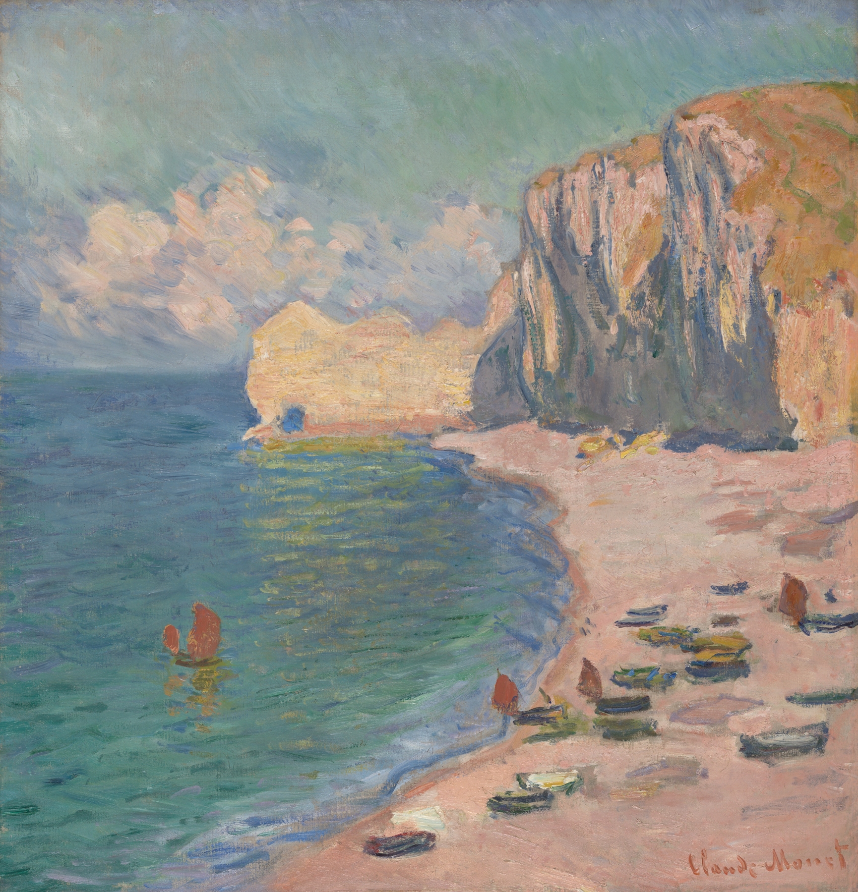 Étretat, The Beach and the Falaise d’Amont by Claude Monet, oil painting depicting crashing waves and cliffs