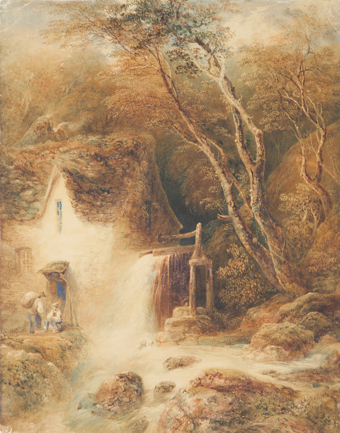 Landscape featuring a water mill surrounded by trees, oil painting by Joshua Shaw