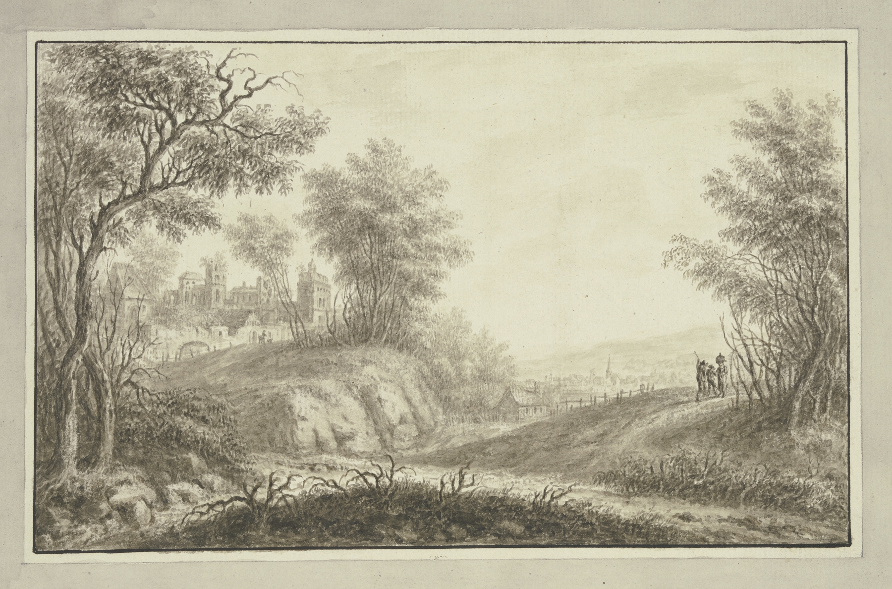 Landscape featuring a forest path, ruins, and a distant village by Johann Caspar Zehender