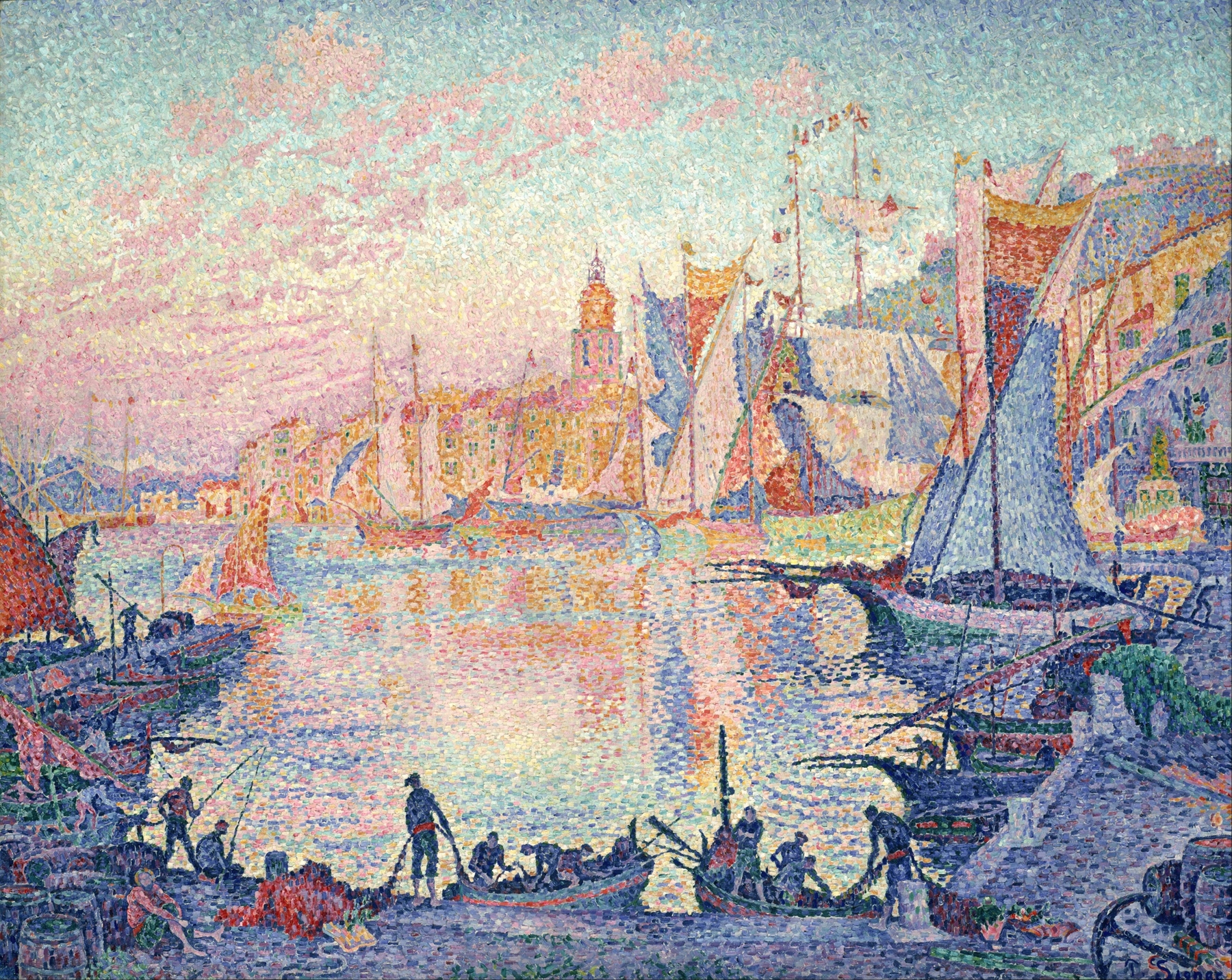 Oil painting of The Port of Saint-Tropez by Paul Signac, featuring vibrant colors and marine elements.