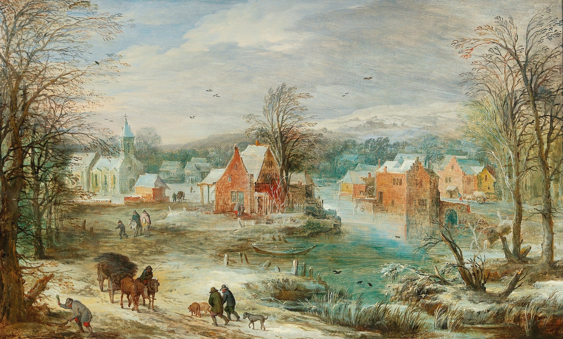 A winter landscape with a village and travellers on a path, by Joos de Momper, public domain