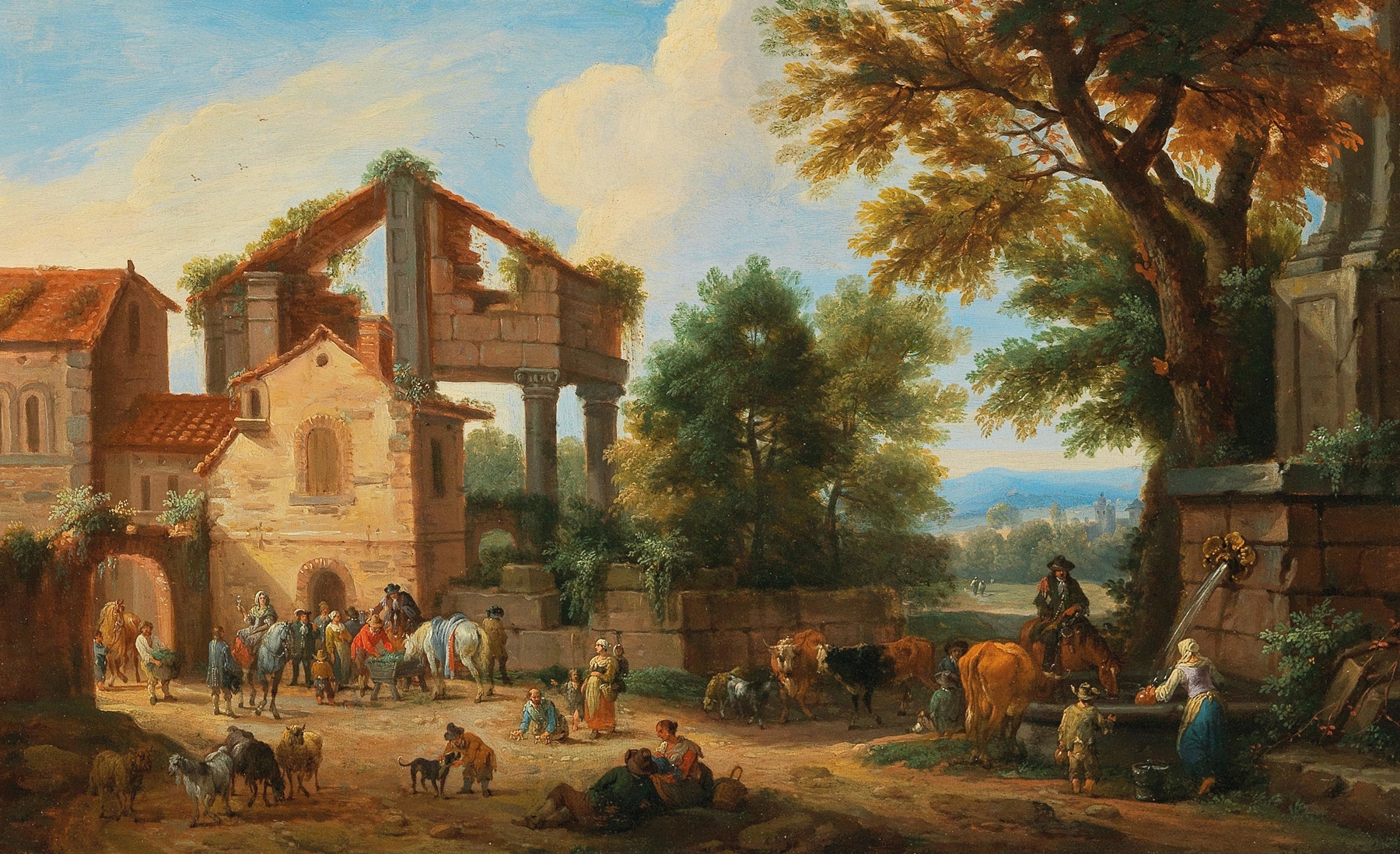 Travellers outside the gate of a town, near a fountain, by Mathys Schoevaerdts, public domain