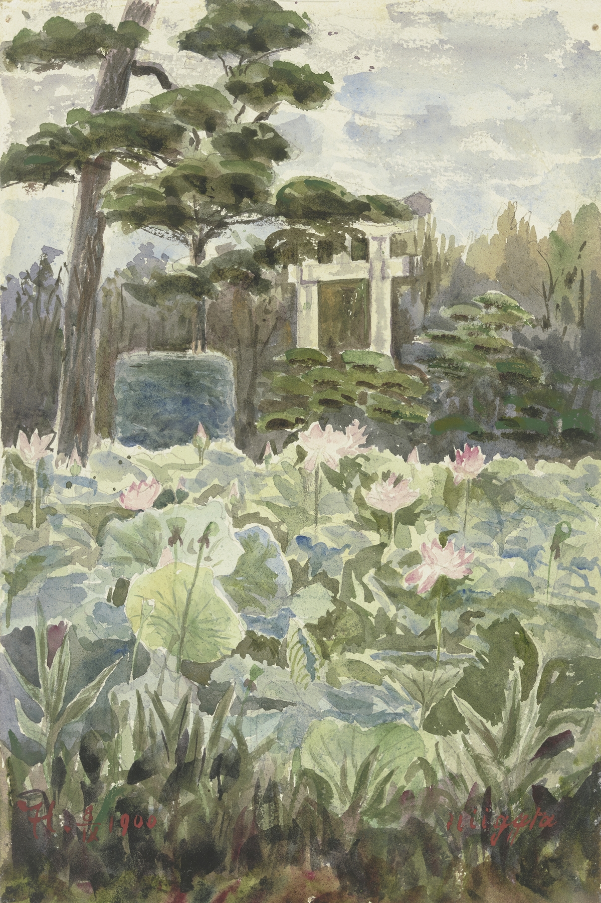 Japanese Traditional landscape by Fritz Hauck, depicting a serene garden with stones and foliage.