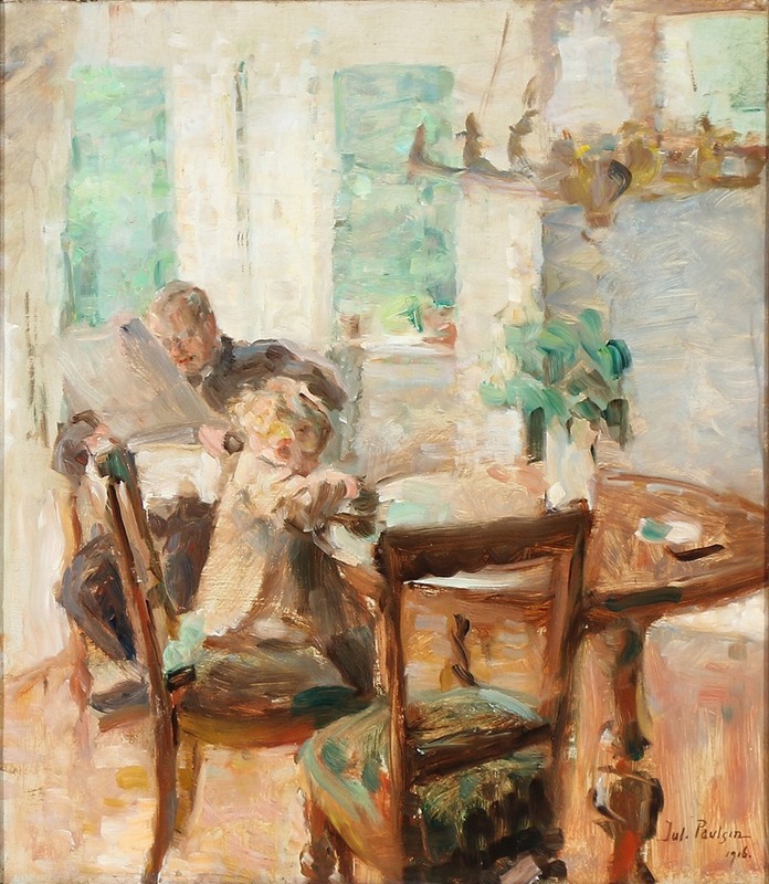 A serene domestic scene depicting a man reading a newspaper while a child plays.