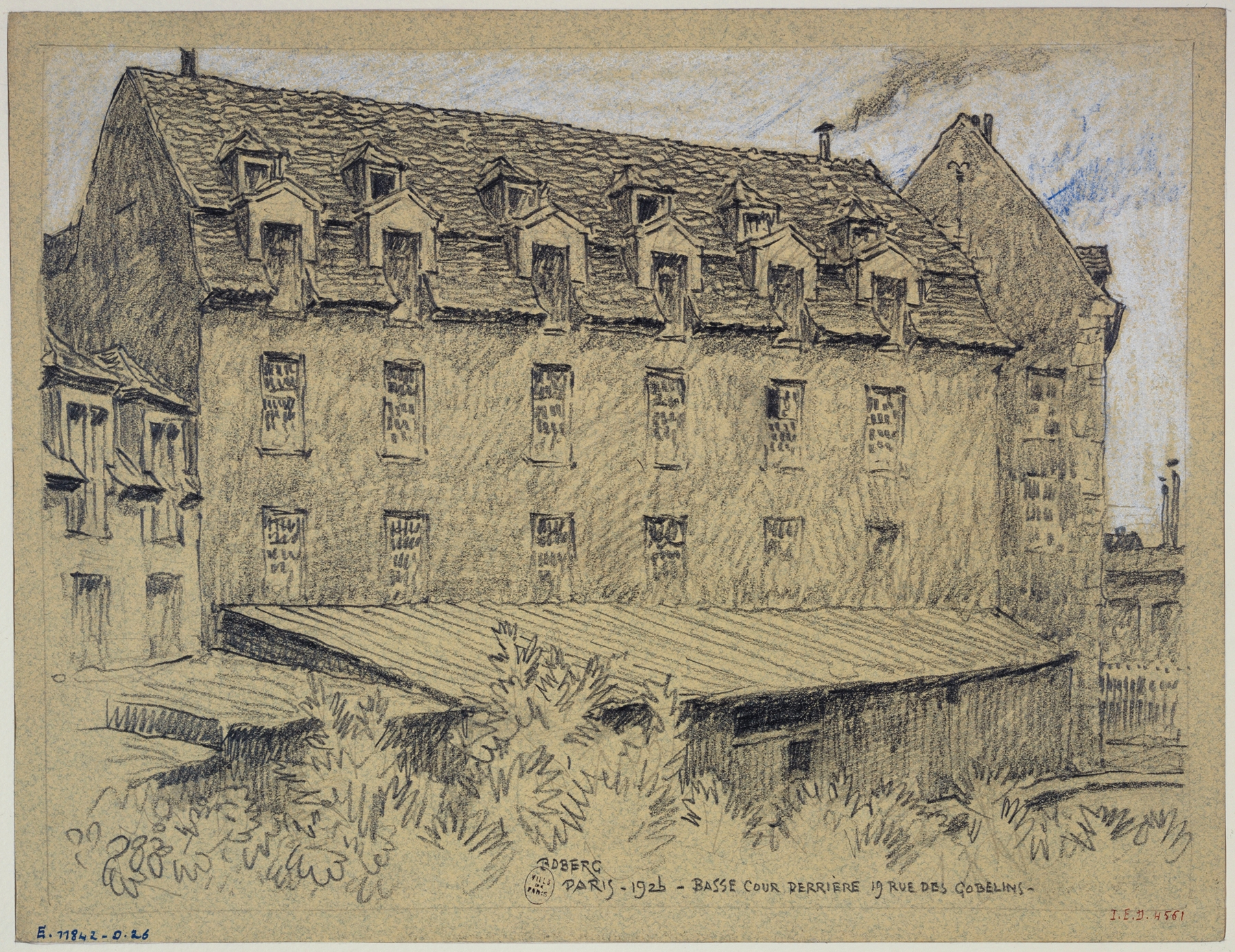 Landscape oil painting by Ferdinand Boberg featuring a muted courtyard scene.