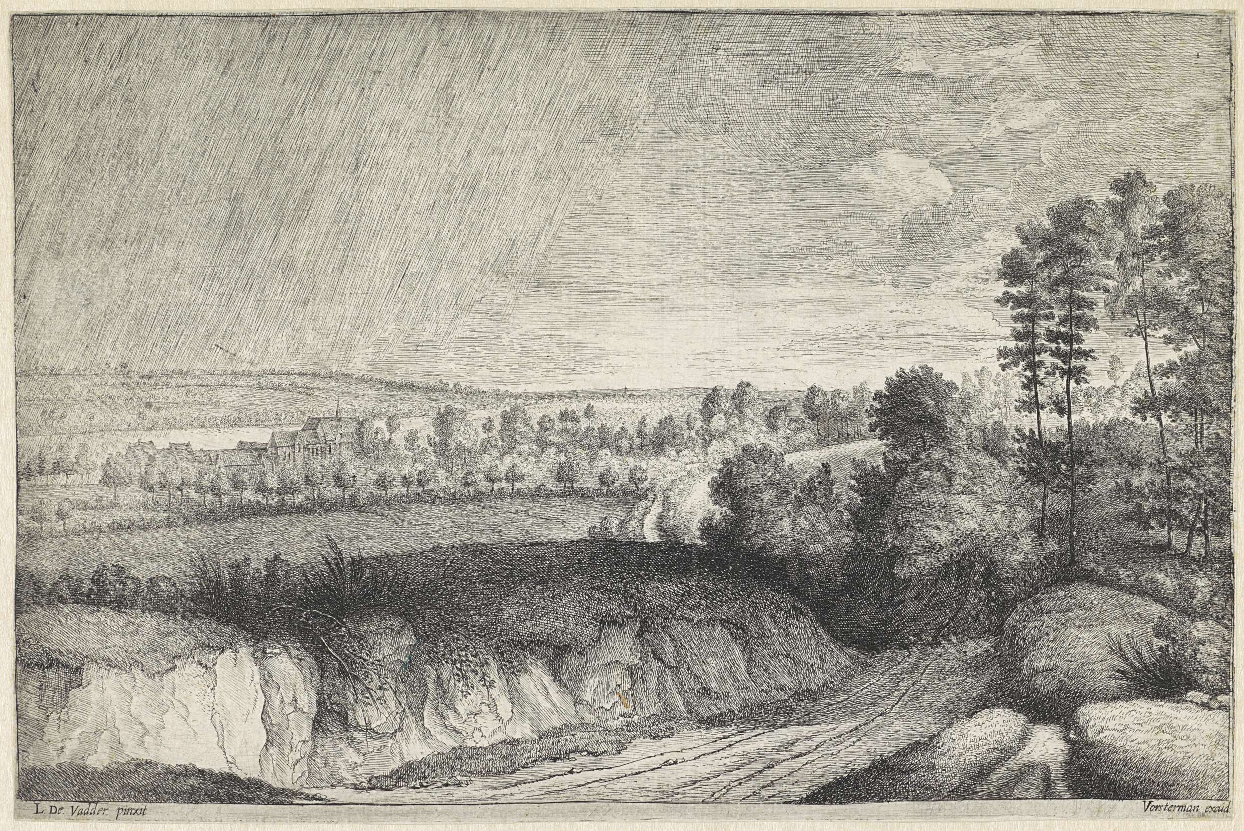 Landschap in een regenbui, etching by Lucas Vorsterman, depicting a stormy landscape with dark clouds.
