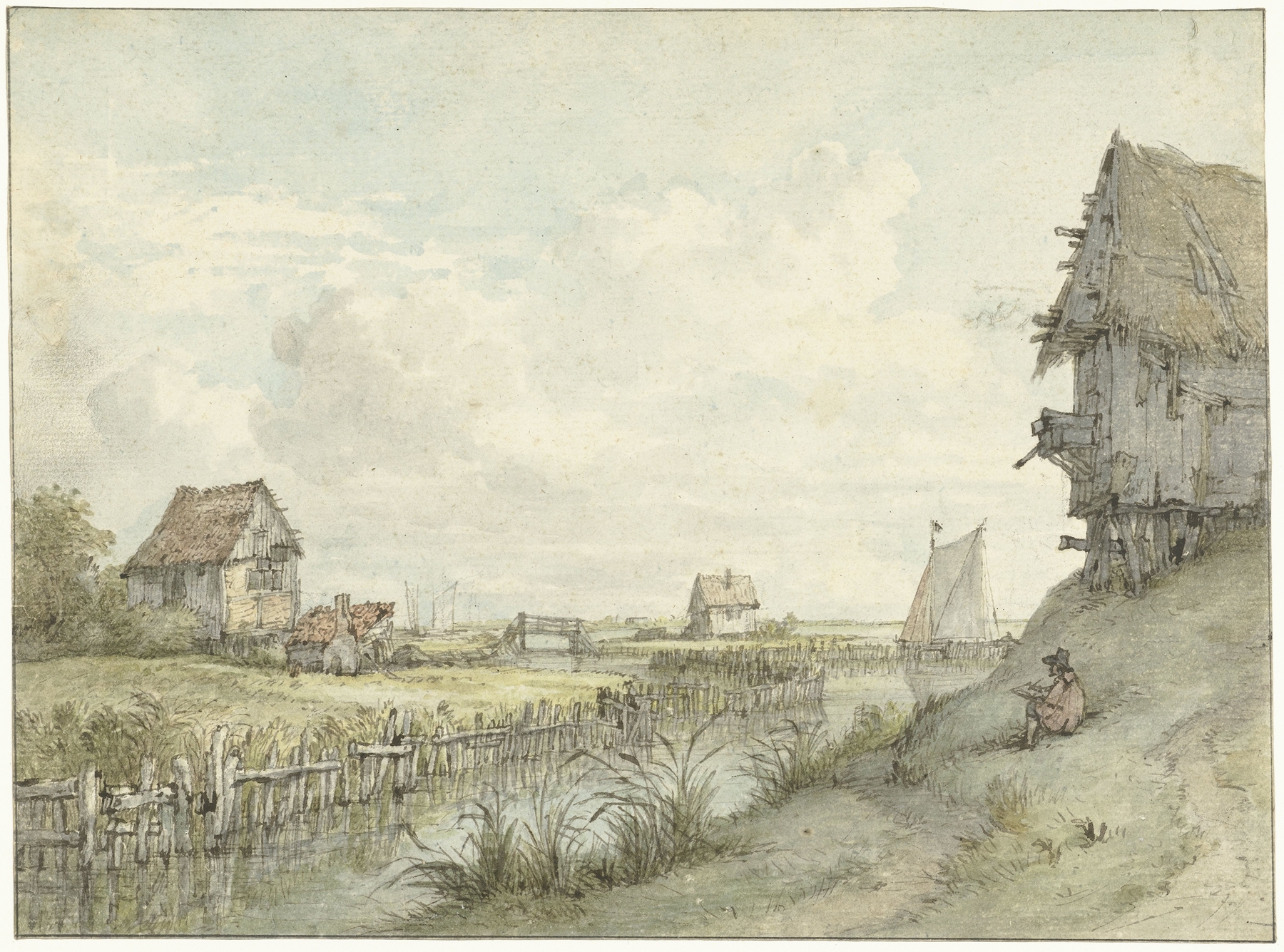 Rivierlandschap met schetsende tekenaar tussen hutjes, by Jan Hulswit, public domain
