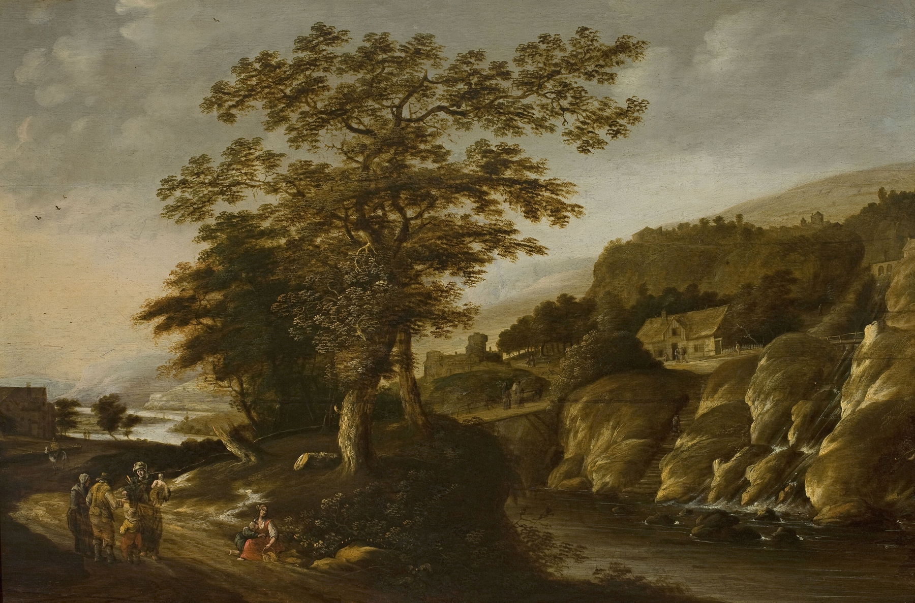 Rhine landscape with a waterfall, oil on canvas by Claes Jansz. van der Willigen
