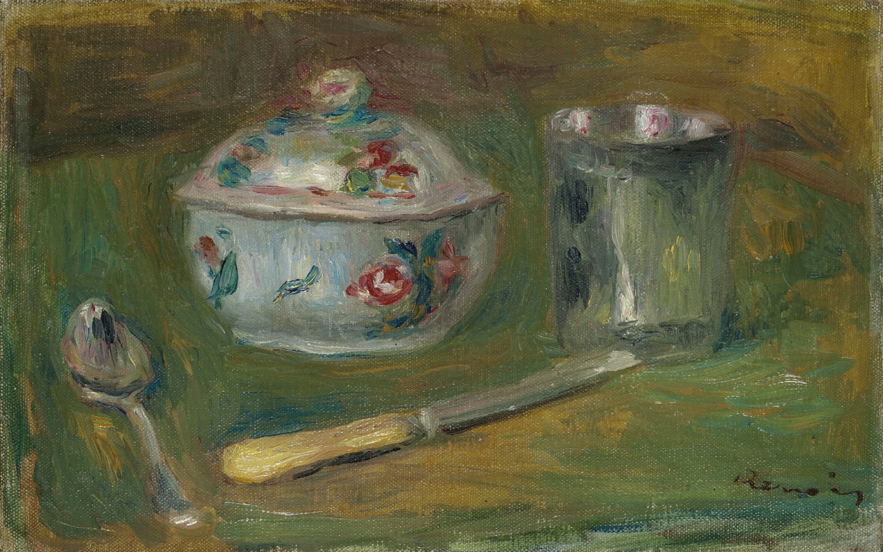 A still life painting featuring a sugar bowl, goblet, spoon, and knife.