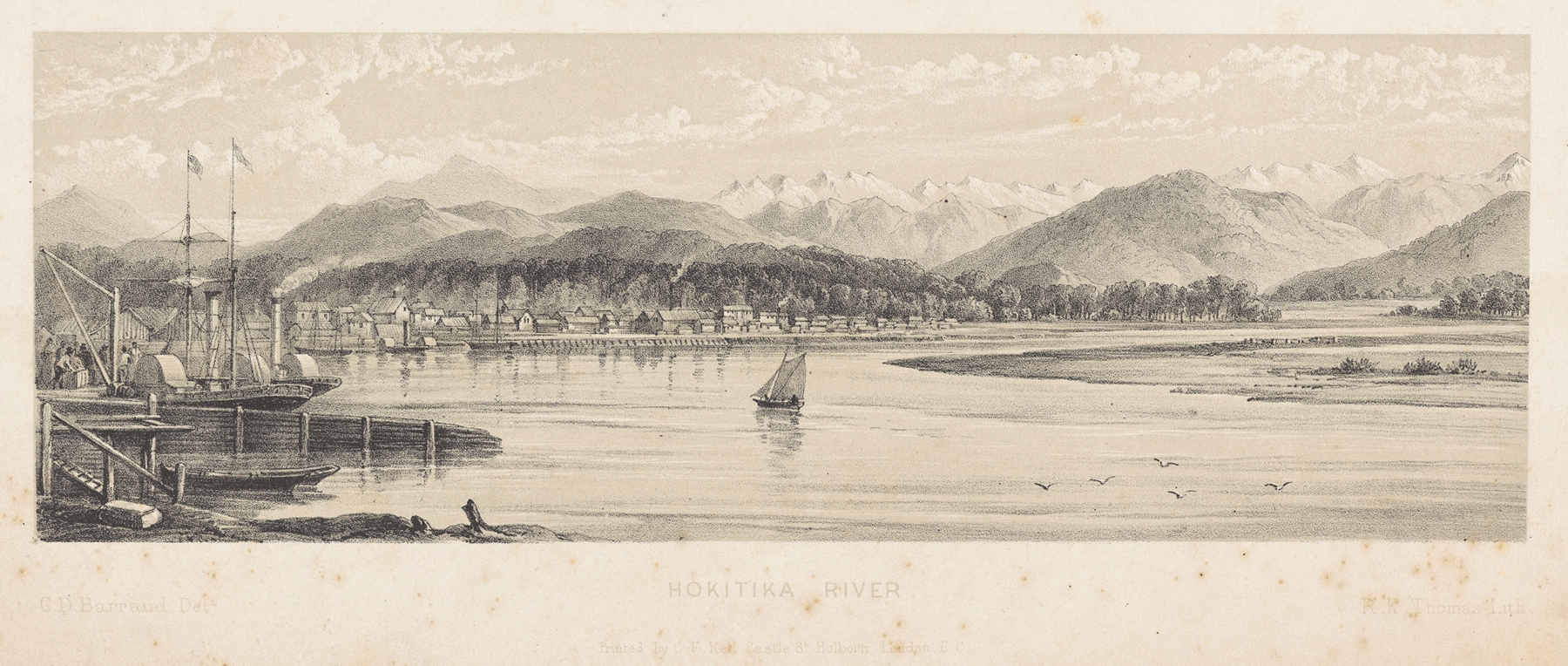 Engraving by Charles Decimus Barraud depicting the Hokitika River, 1877