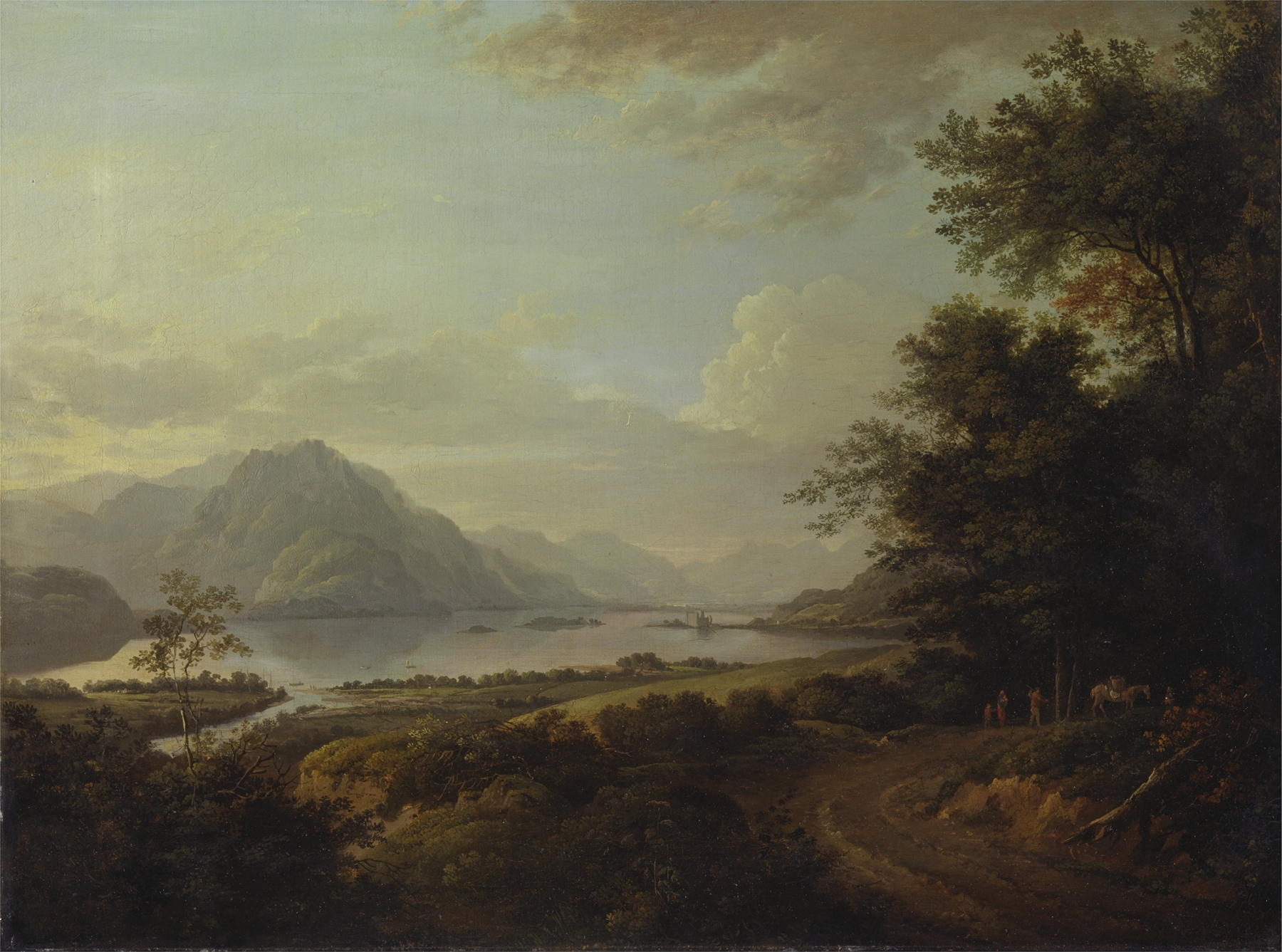 Loch Awe landscape by Alexander Nasmyth, oil on canvas, featuring water reflections and clouds.