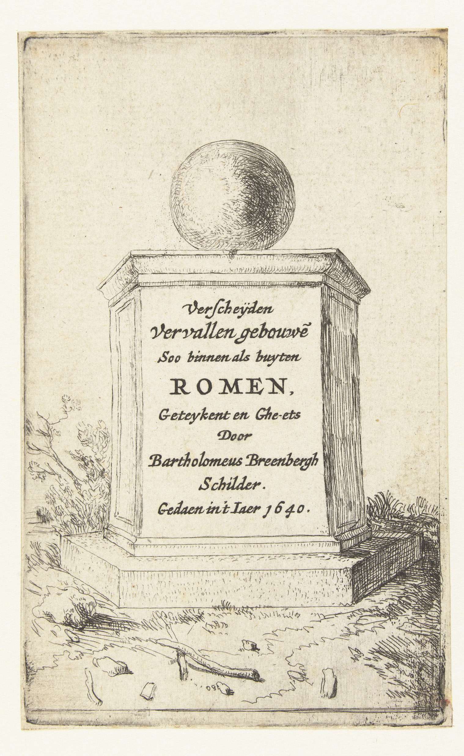 Etching by Bartholomeus Breenbergh depicting a pedestal with a globe and chiaroscuro.