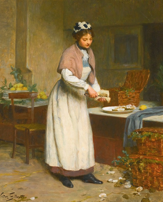 A woman selling oysters in a bustling market scene.