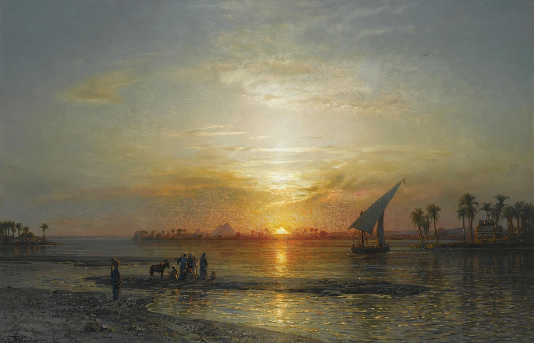 Twilight on the Nile by Ernest Karl Eugen Koerner, impressionism, depicting a serene river landscape.