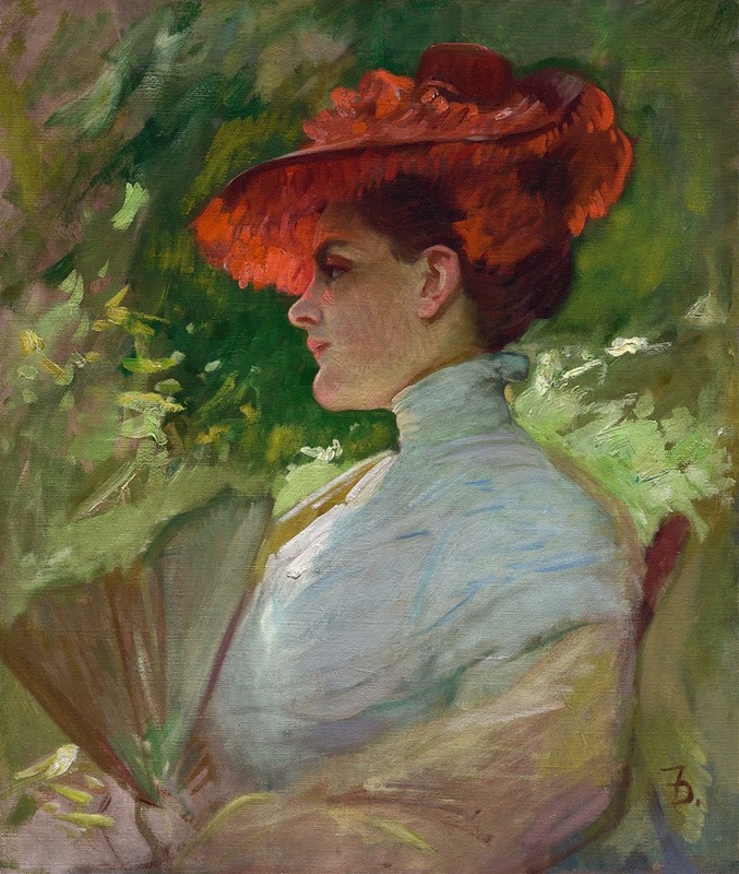 A portrait of a woman wearing a striking red hat, showcasing the artist's skill in capturing personality.