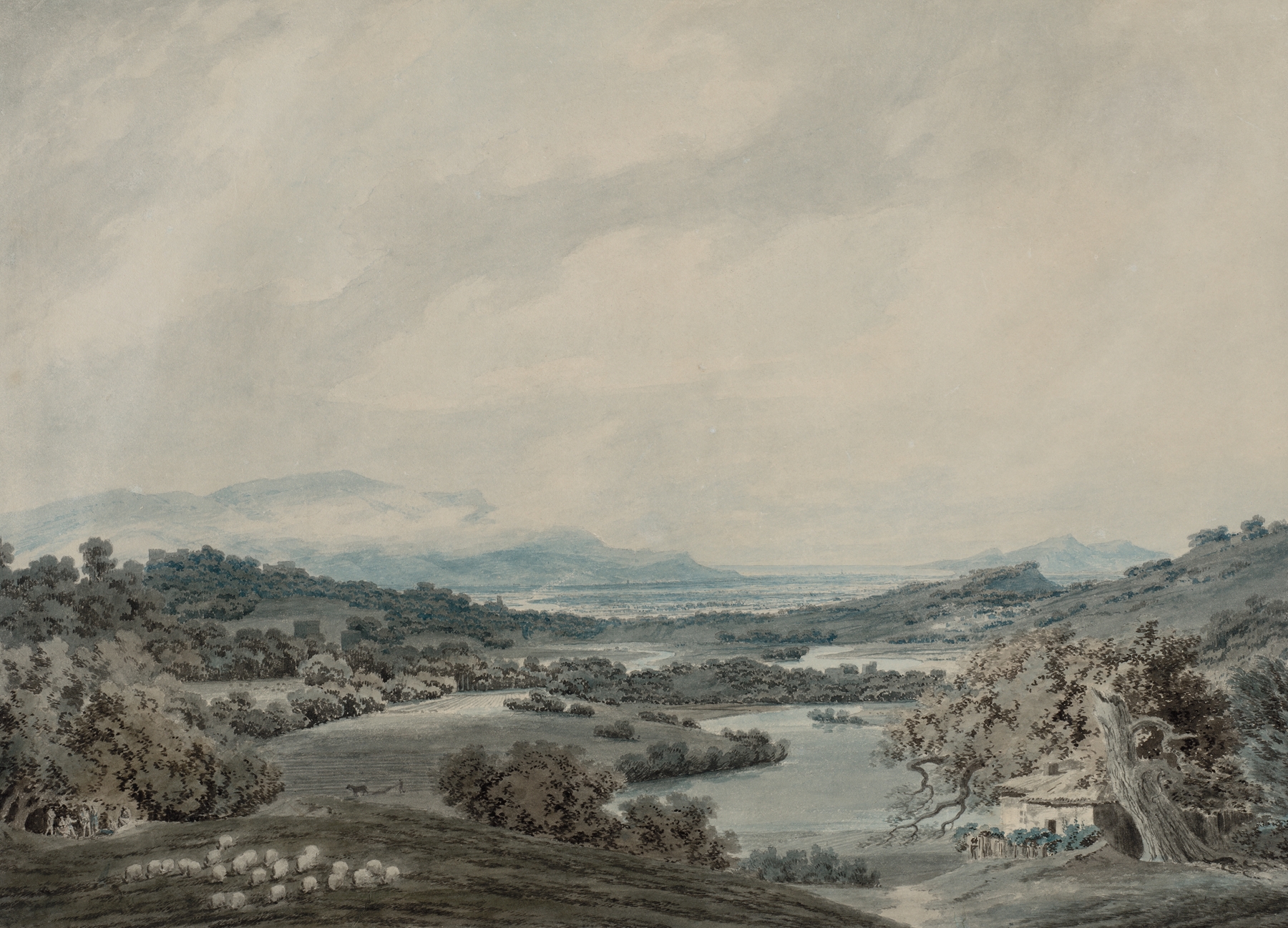 Italian Landscape by John Robert Cozens, watercolor on paper depicting a serene valley with hills and sunlight.