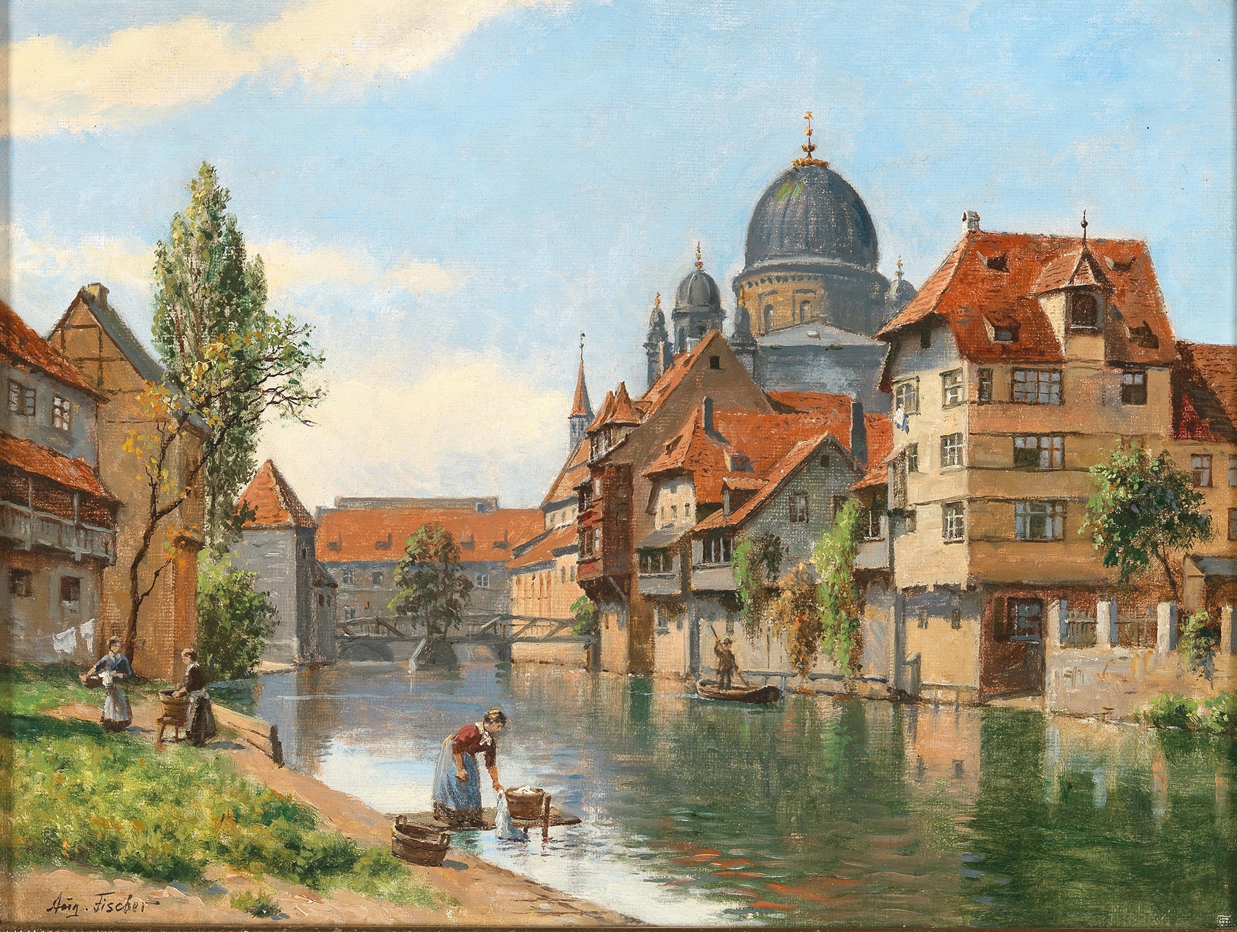 Old Nuremberg, oil on canvas by August Fischer, depicting a synagogue by the Pegnitz River.