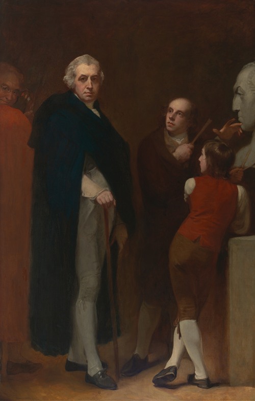 This painting depicts John Flaxman modeling a bust of William Hayley.