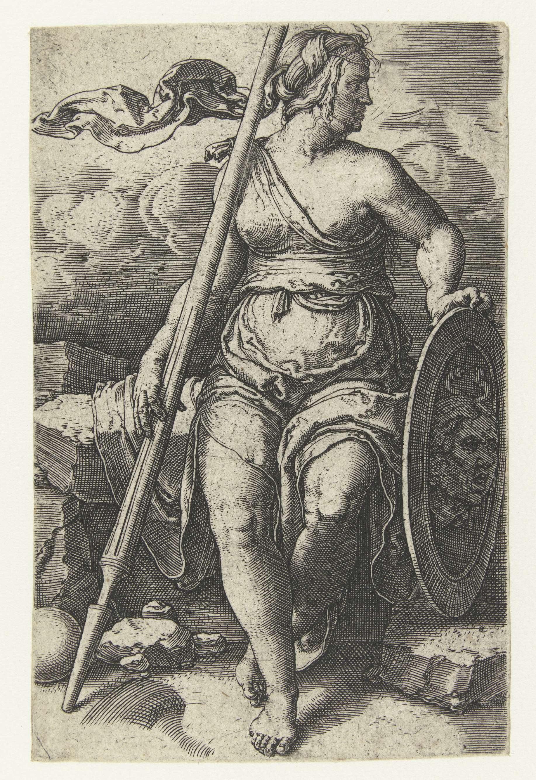 Engraving of Pallas Athene by Lucas van Leyden, showcasing intricate fabrics and a piercing gaze.