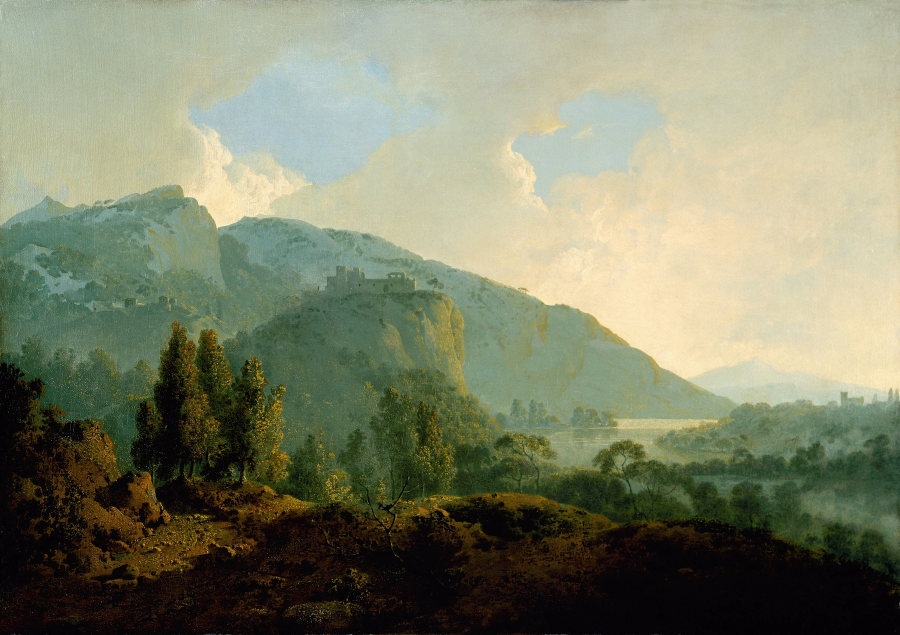 Italian Landscape with Mountains and a River, by Joseph Wright of Derby, public domain
