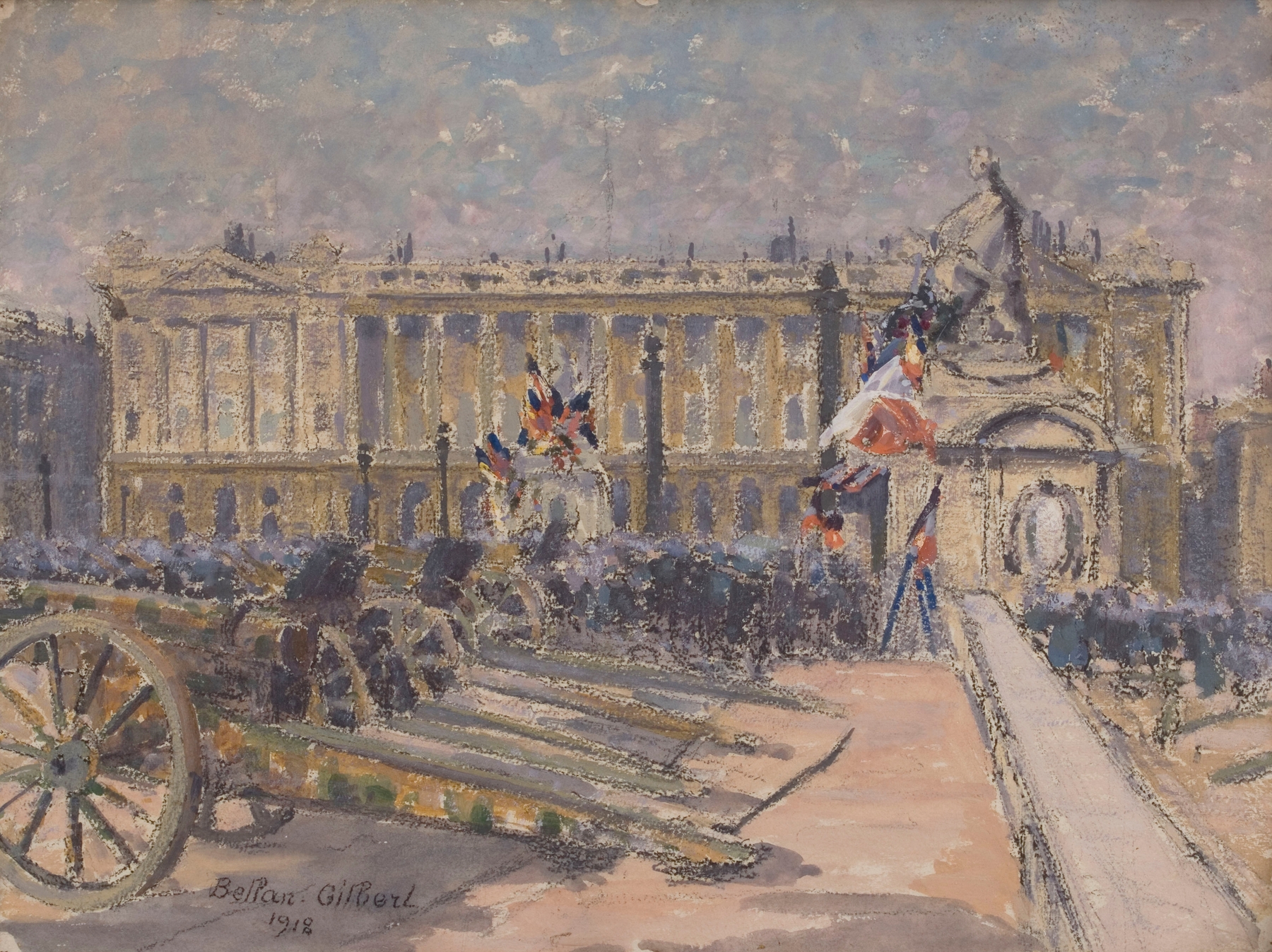 Historical scene depicting the Place de la Concorde by Louis-Gilbert Bellan, oil painting