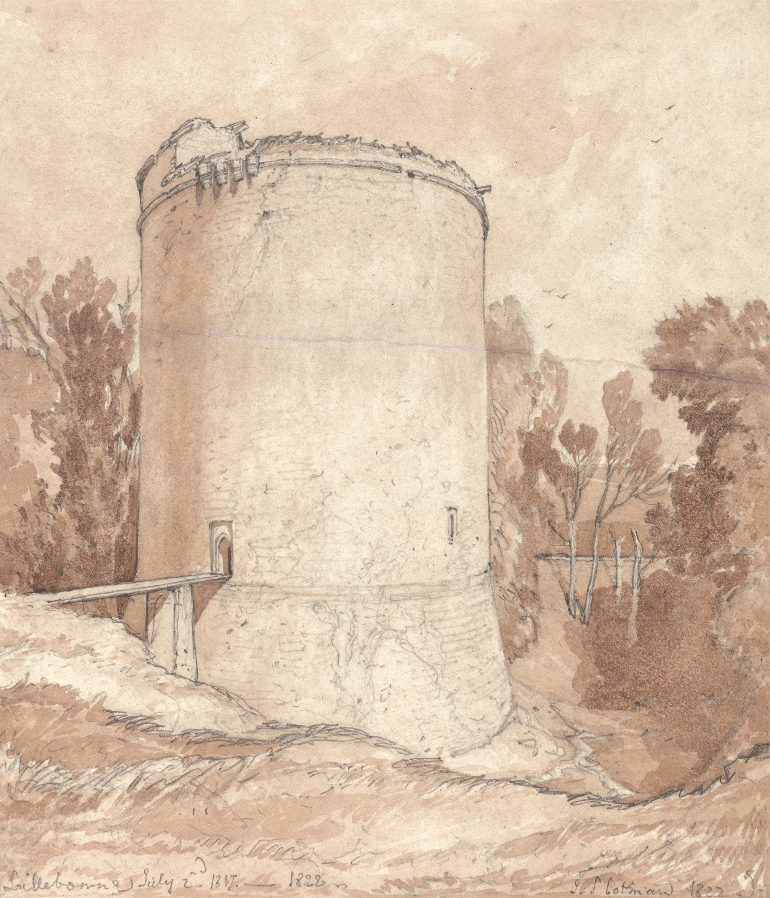 Round Tower, Castle of Lillebonne, Normandy, by John Sell Cotman, public domain