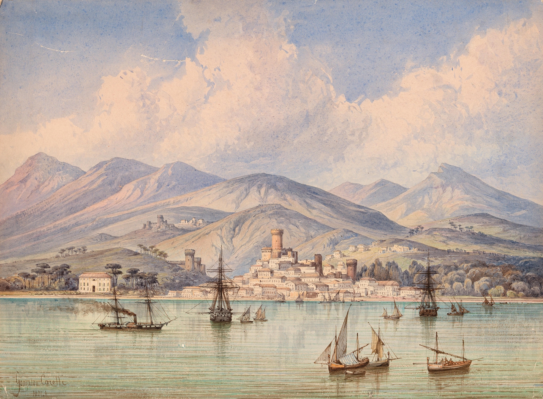 Marine scene depicting the mole of Gaeta by Consalvo Carelli, oil painting