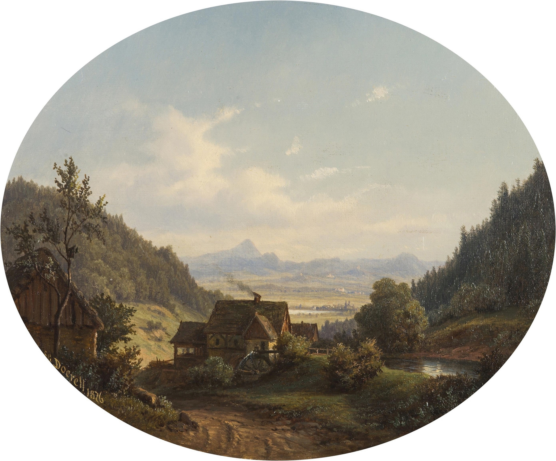 Sernitztal by Ernst Gustav Doerell, oil on canvas depicting mountains and trees in a serene landscape.