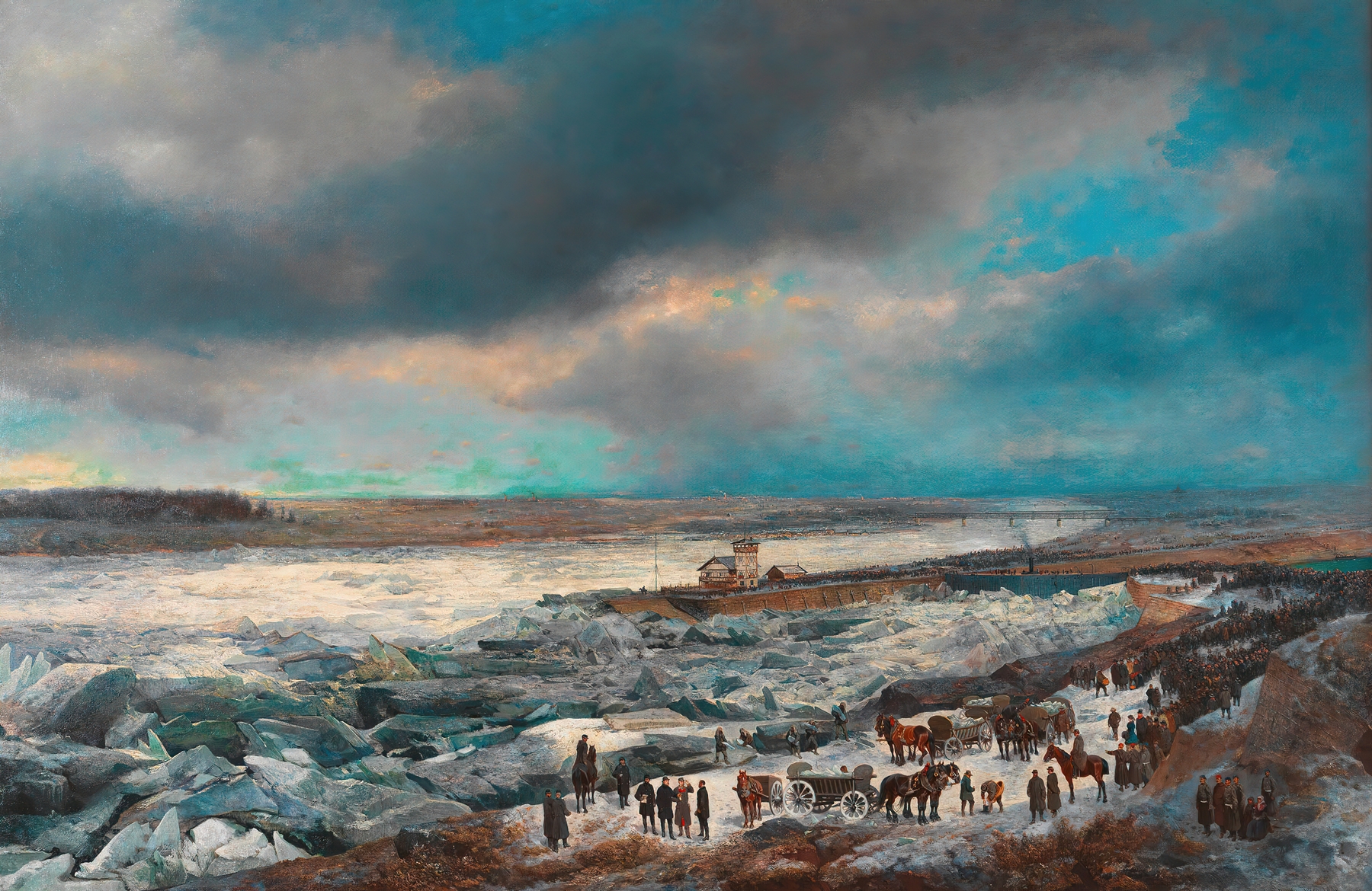 Alexander Bensa (Artist), Der Donaueisstoß im Jänner 1880 mit dem Sperrschiff, by Adolf Obermüllner, public domain