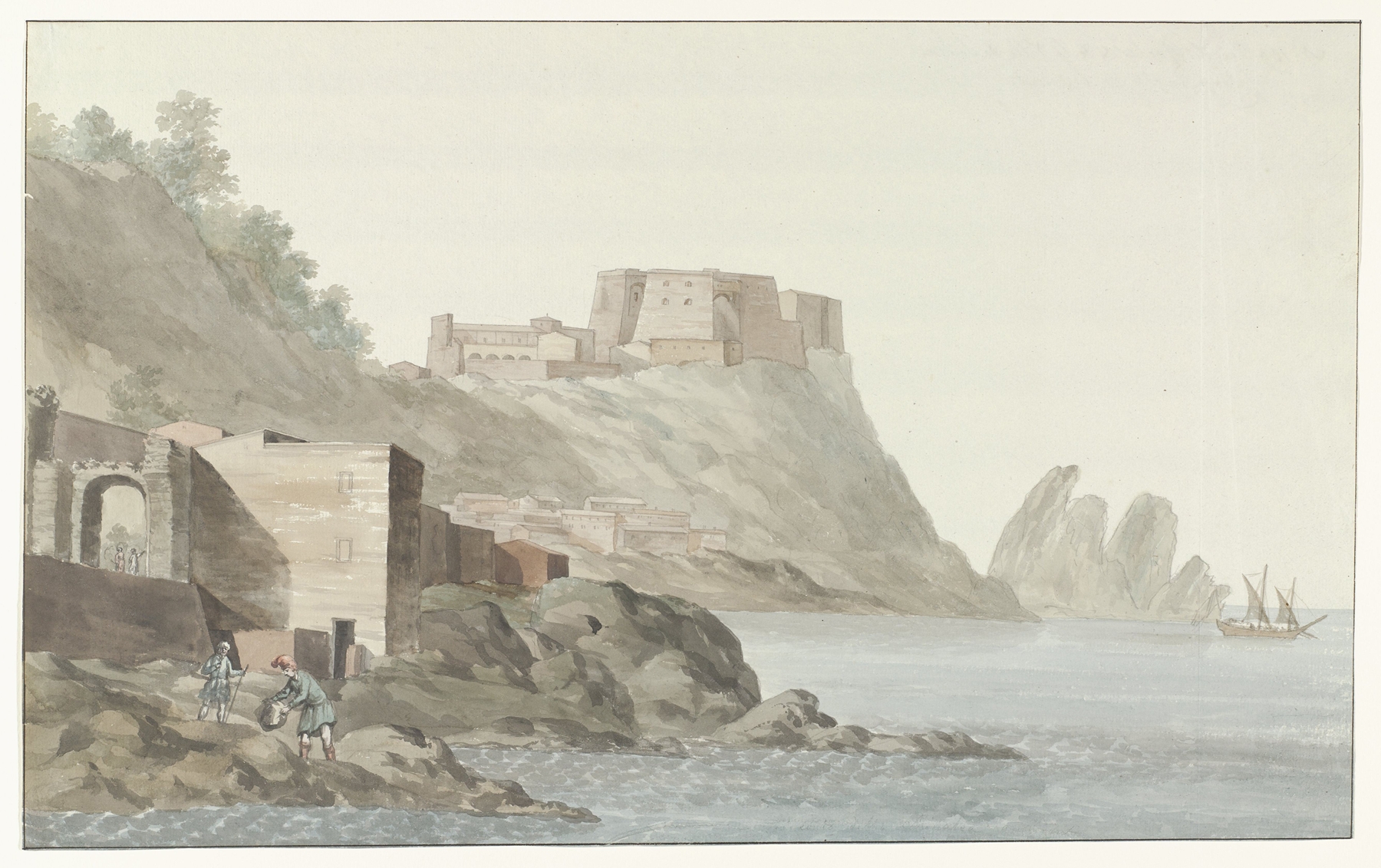 Rots en stad Scilla in de regio Calabrië aan de oostkust, watercolor on paper by Abraham-Louis-Rodolphe Ducros