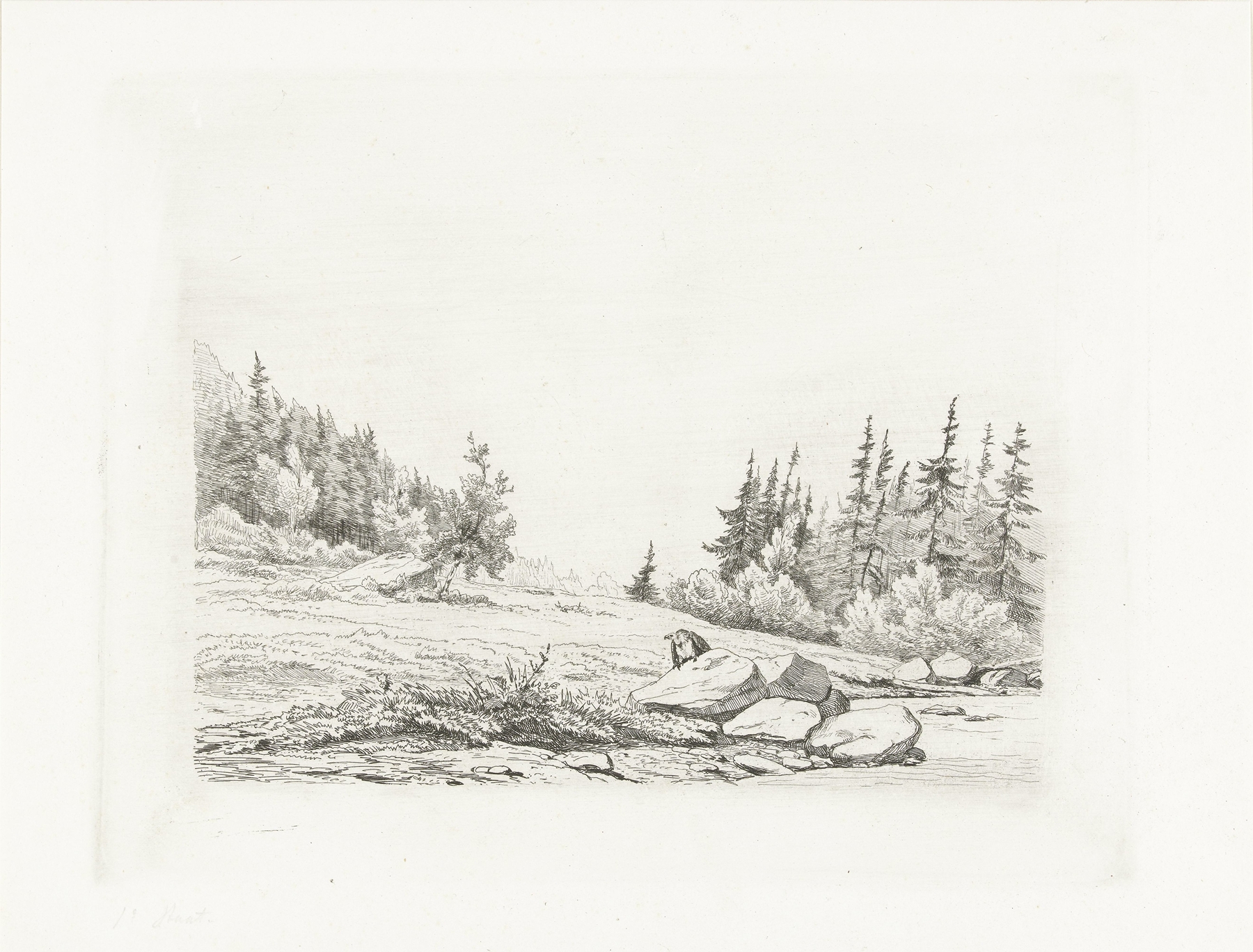 Landscape etching by Pierre Louis Dubourcq depicting a snowy mountain peak in Chamonix