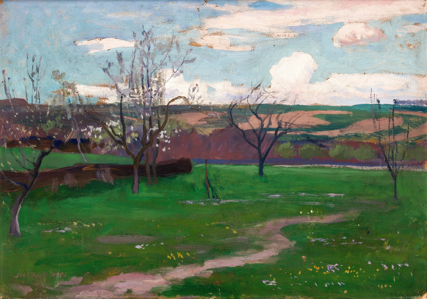 Spring oil painting by Jan Stanisławski featuring flowers and greenery