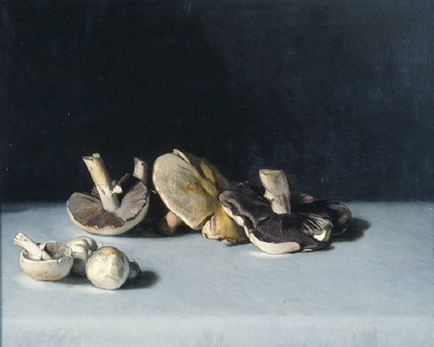 Still life of mushrooms on a light gray surface, oil painting by Julius Kronberg.