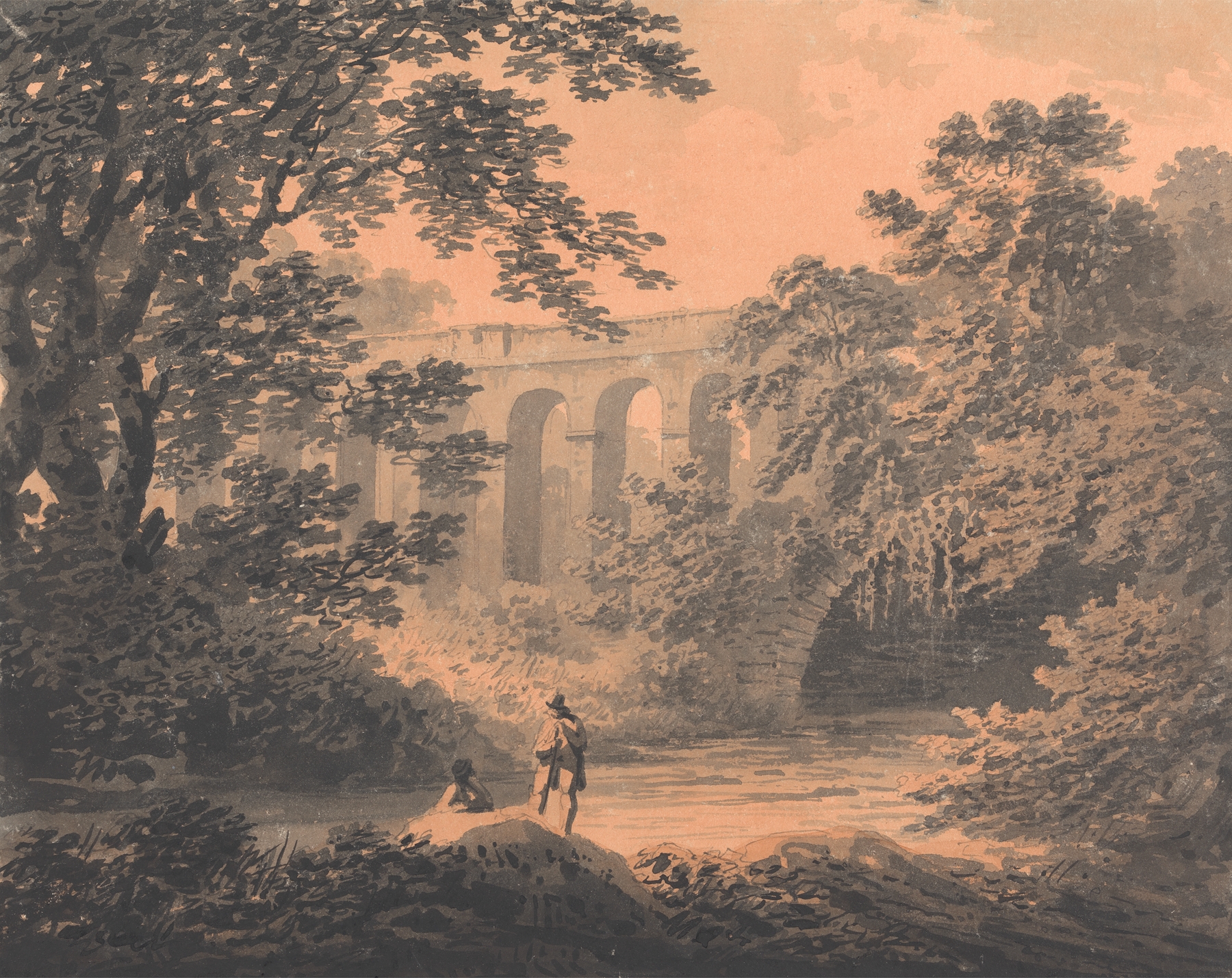 Bridge on the Malton Road from York, oil painting by William Gilpin, depicting a serene river landscape.