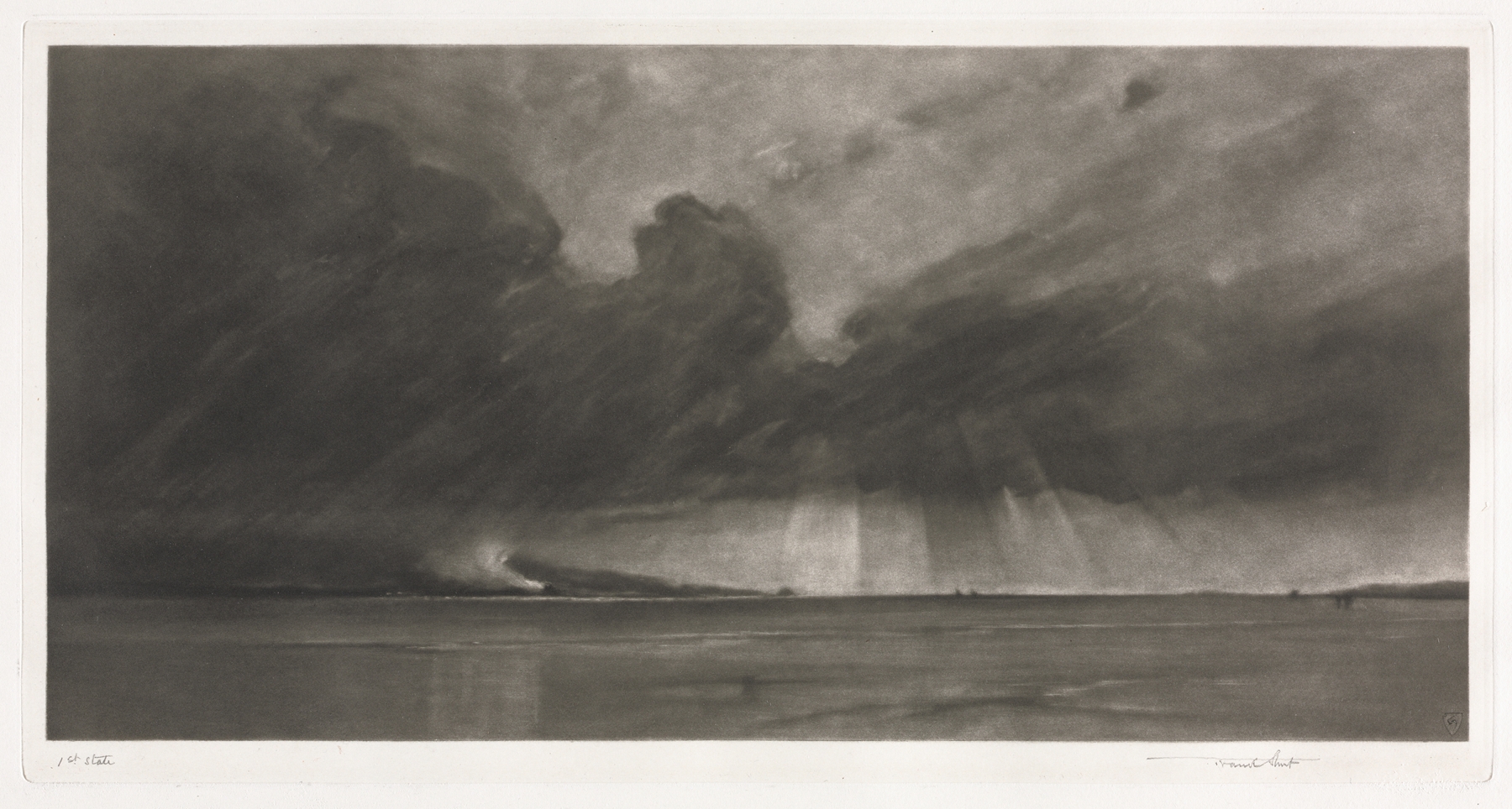 Cloud March over the Sands of Dee engraving by Sir Frank Short depicting clouds over sandy landscape.
