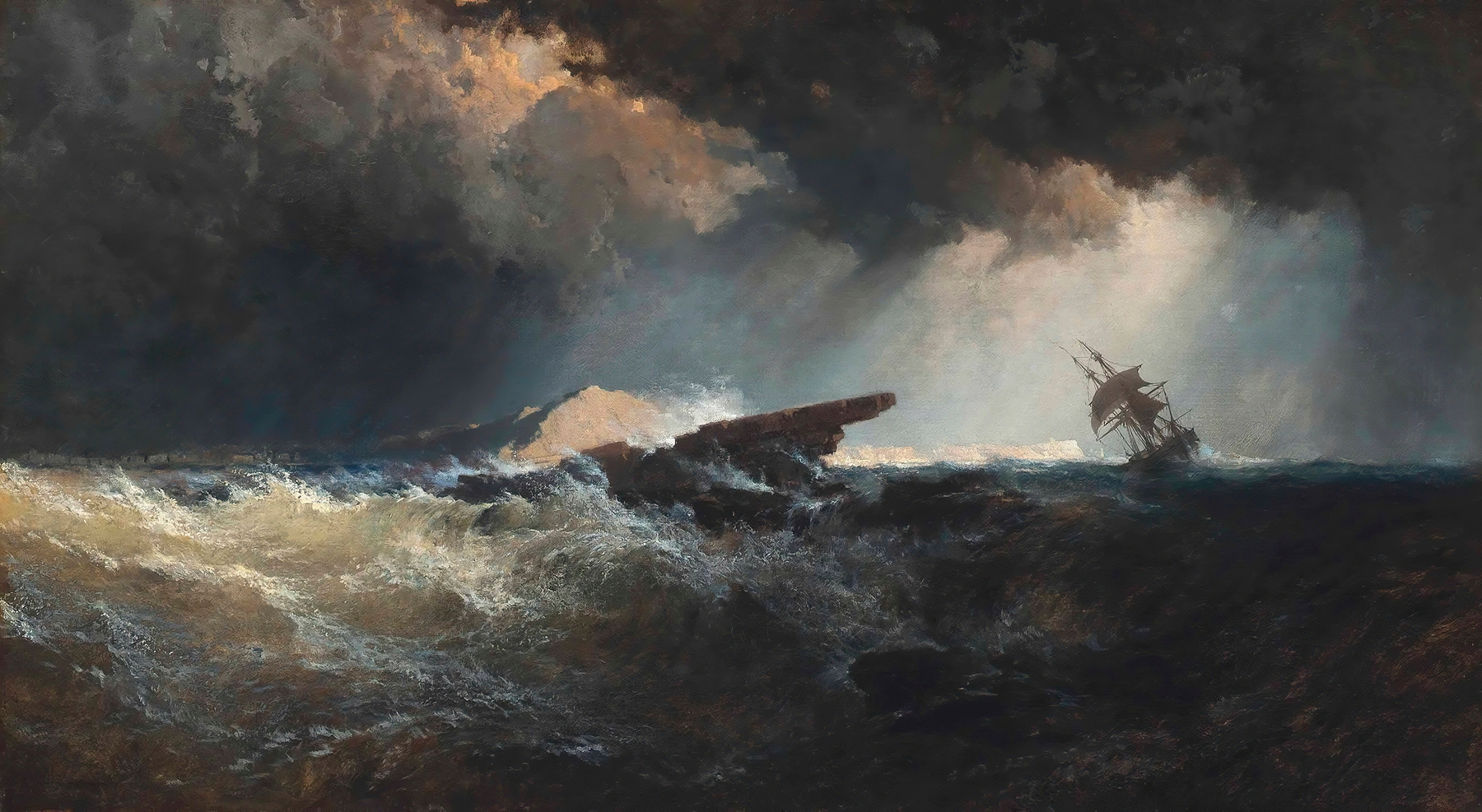 Filey Brigg by Edmund John Niemann, oil on canvas depicting rugged coastline and gentle waves.