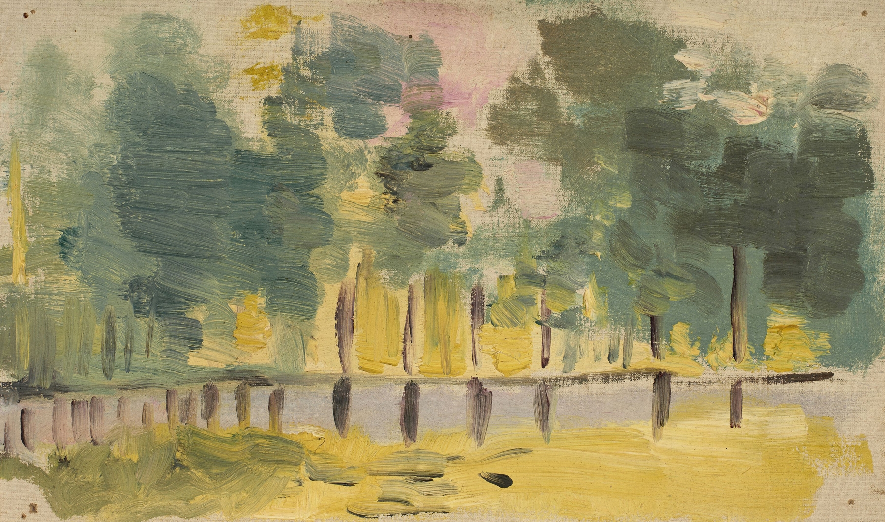 Impressionism artwork by Jeanne Jegou-Cadart depicting a reflection of trees on water.
