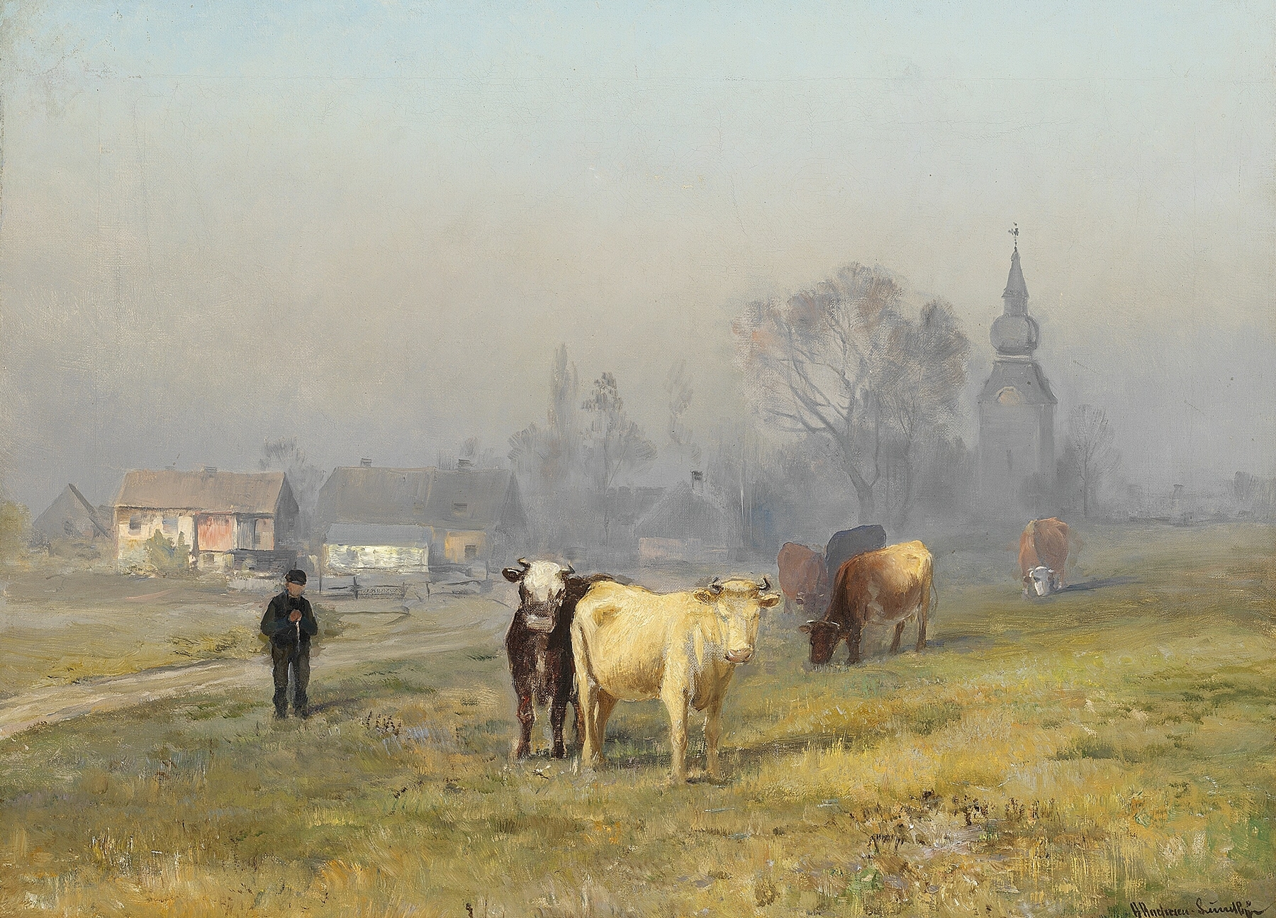 Landscape with cows at dawn, oil on canvas by Anders Andersen-Lundby