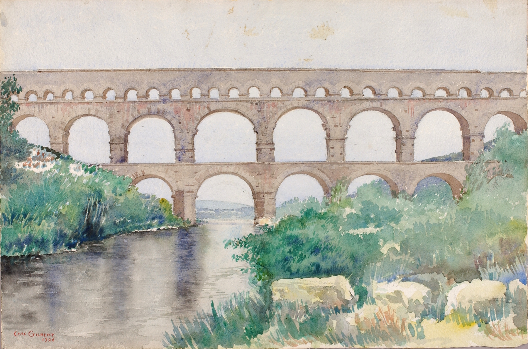 Aqueduct by Cass Gilbert, depicting a stone aqueduct in a landscape, Romanticism style