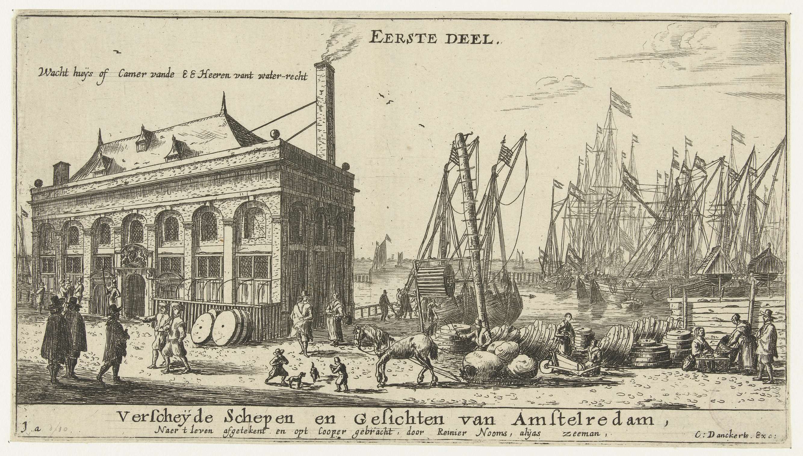 Haven van Amsterdam met Het Zeerecht, etching by Reinier Nooms depicting ships in a harbor.