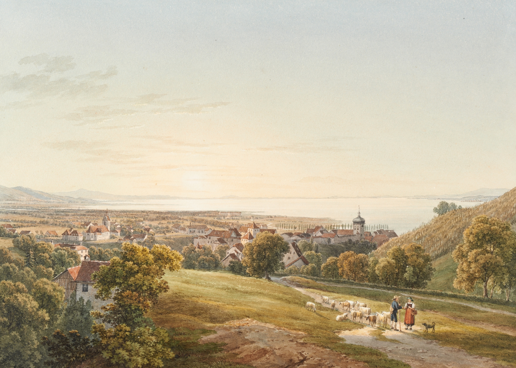 Landscape depicting a river in De Bâle aux Sources du Rhin by Johann Jakob Meyer, oil on canvas.