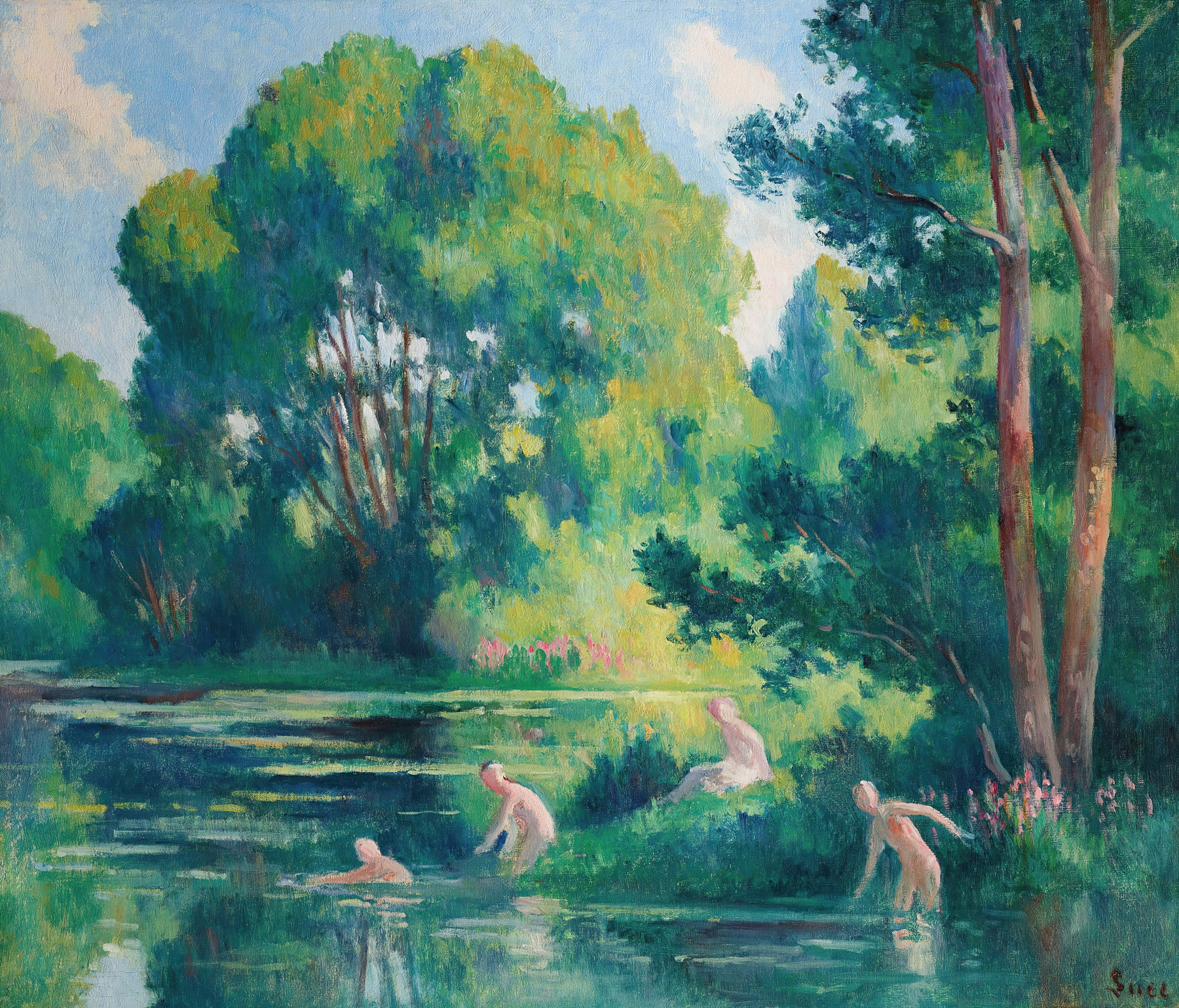 Rolleboise, baignade dans le petit bras de la Seine by Maximilien Luce, oil on canvas depicting figures by the river.